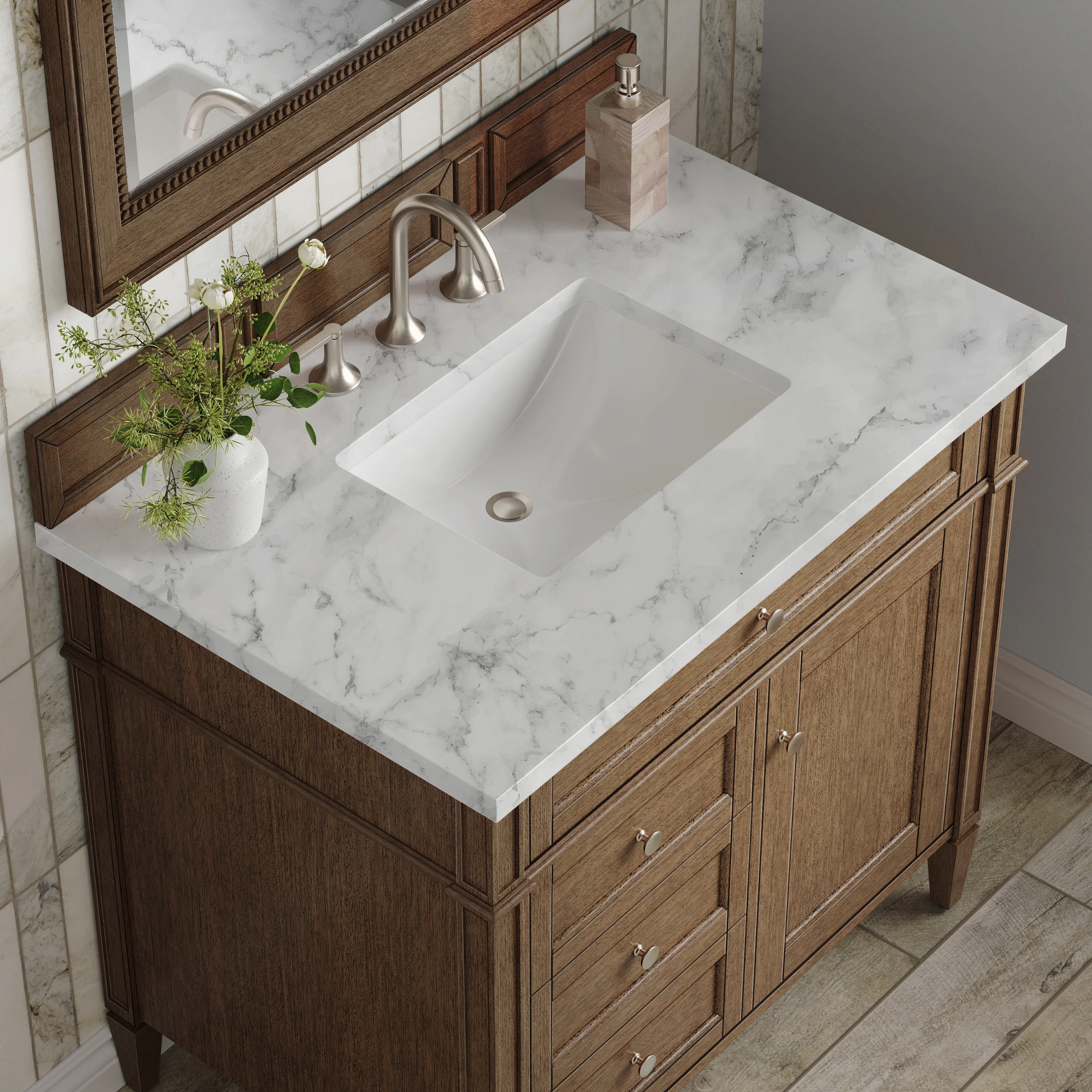 Brittany 36" Single Vanity, Saddle Brown w/ 3 CM Carrara Marble Top