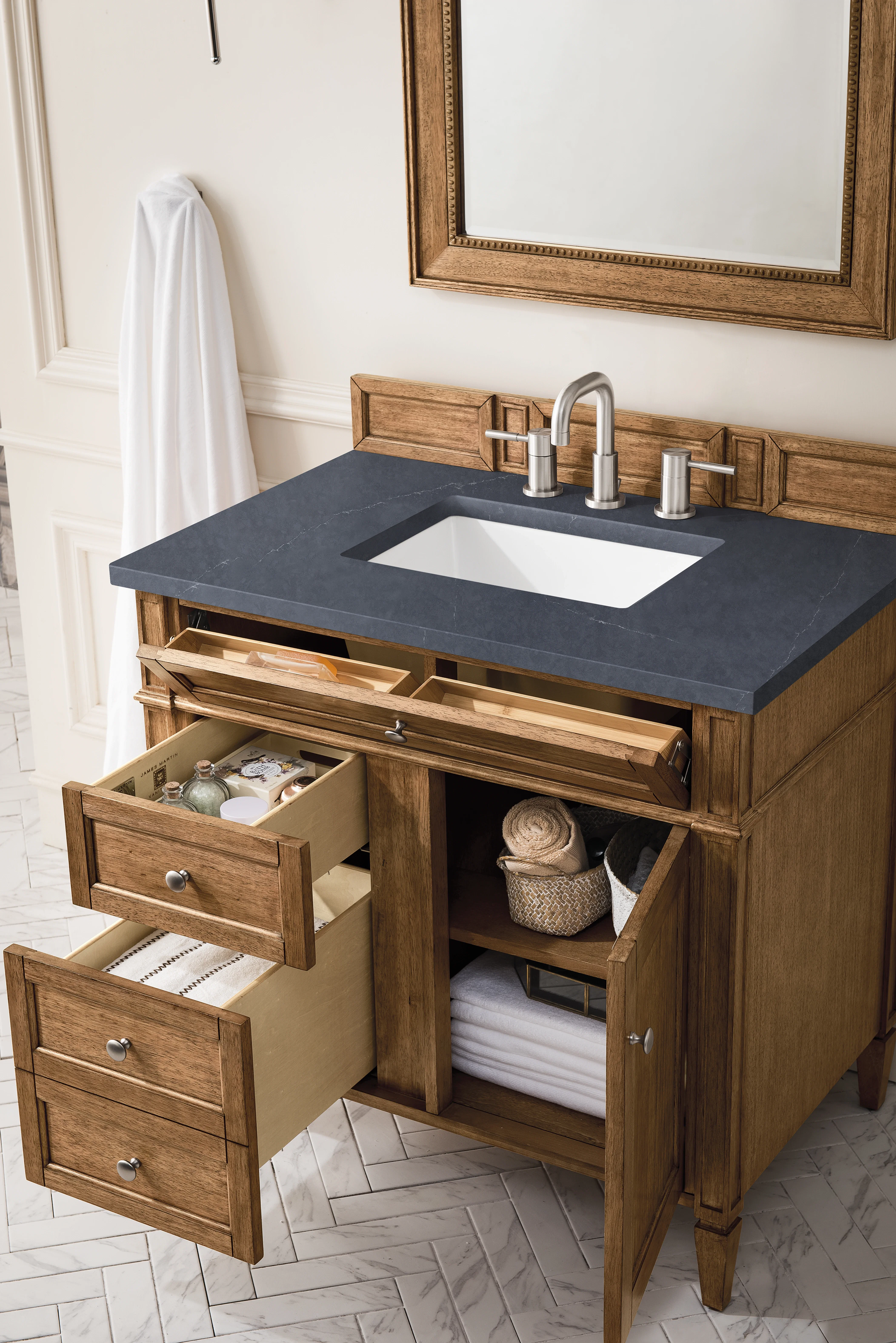 Brittany 36" Single Vanity, Saddle Brown w/ 3 CM Charcoal Soapstone Silestone Top