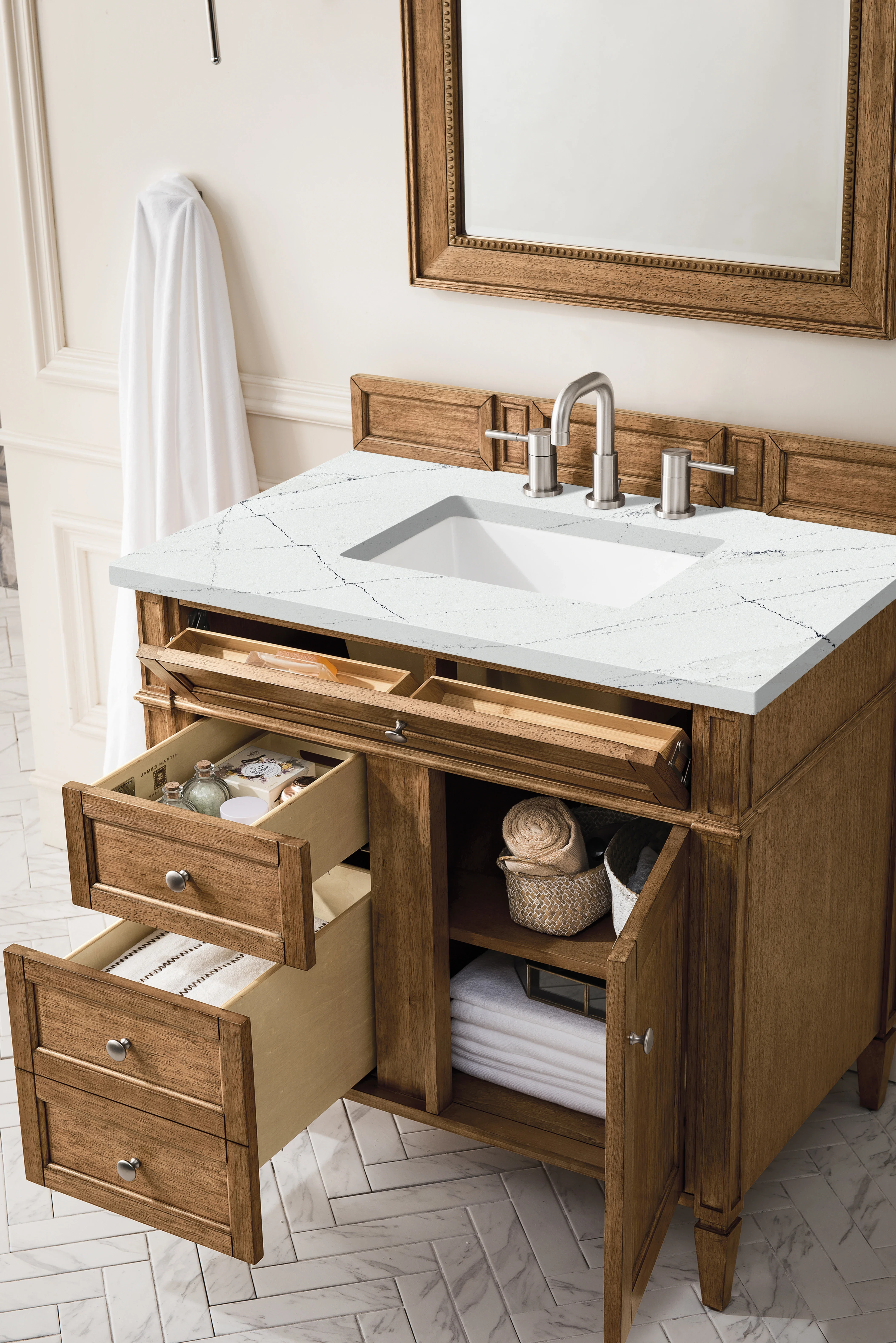 Brittany 36" Single Vanity, Saddle Brown w/ 3 CM Ethereal Noctis Silestone Top