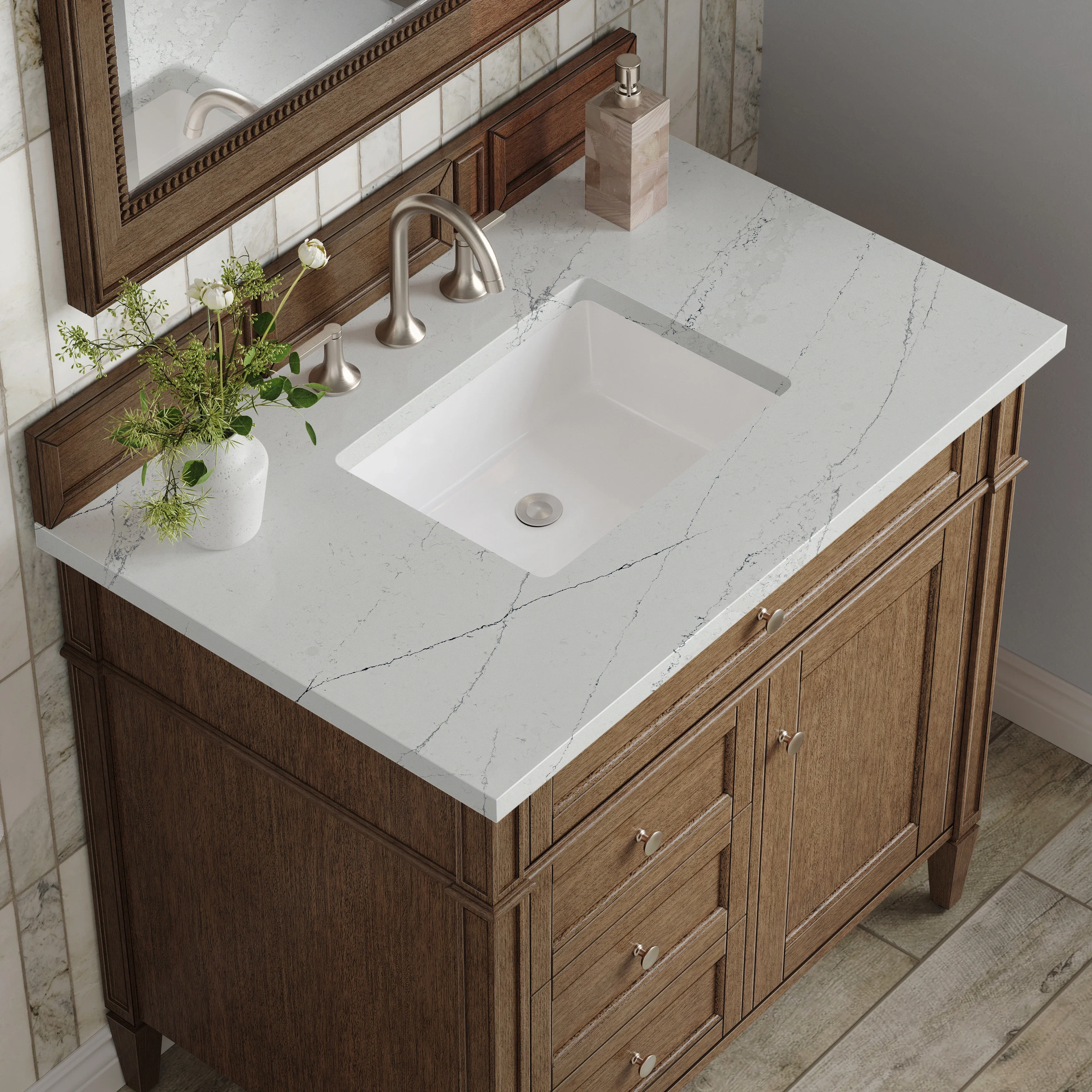 Brittany 36" Single Vanity, Saddle Brown w/ 3 CM Ethereal Noctis Silestone Top