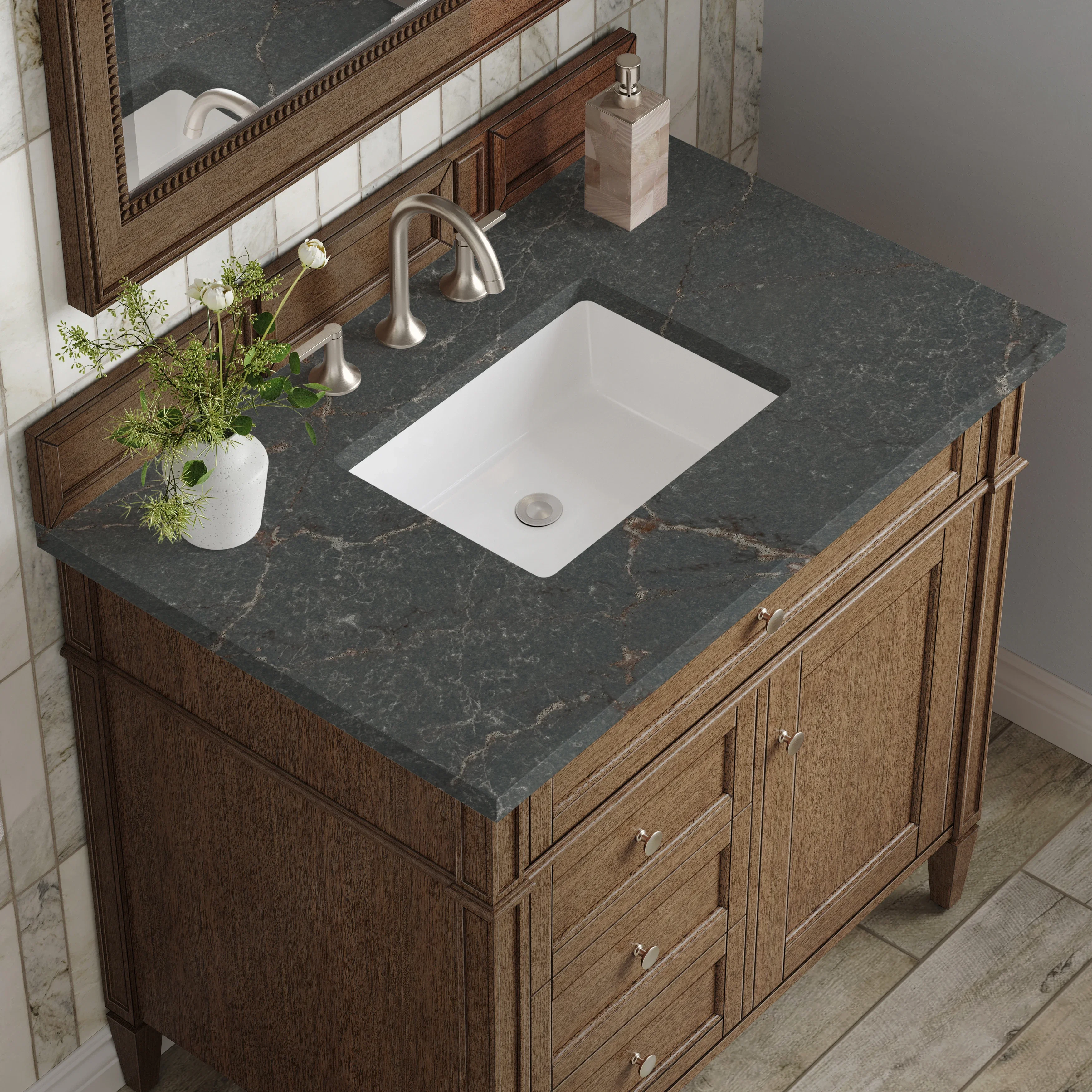 Brittany 36" Single Vanity, Saddle Brown w/ 3 CM Parisien Bleu Silestone Top