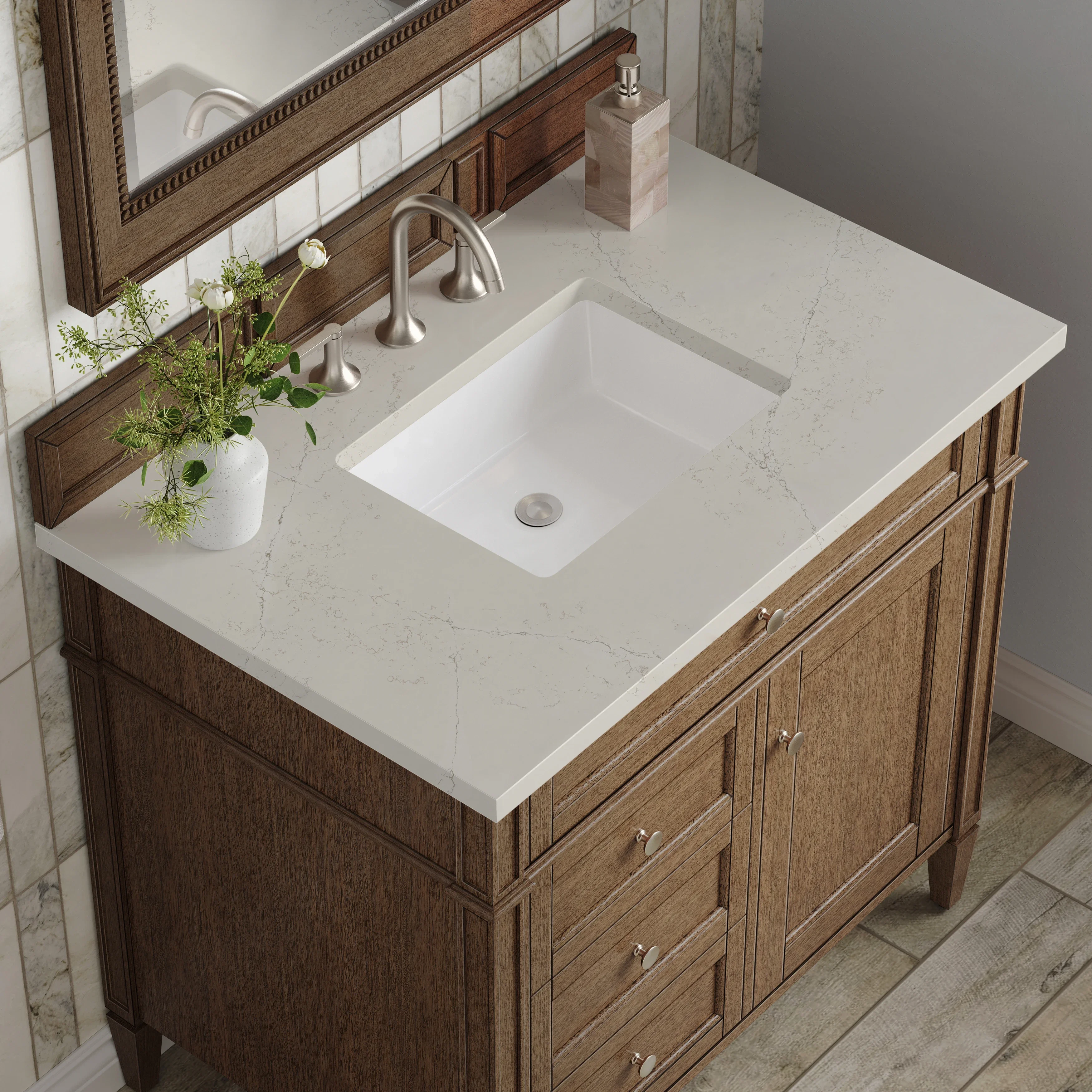 Brittany 36" Single Vanity, Saddle Brown, w/ 3 CM Siberian Silestone Top