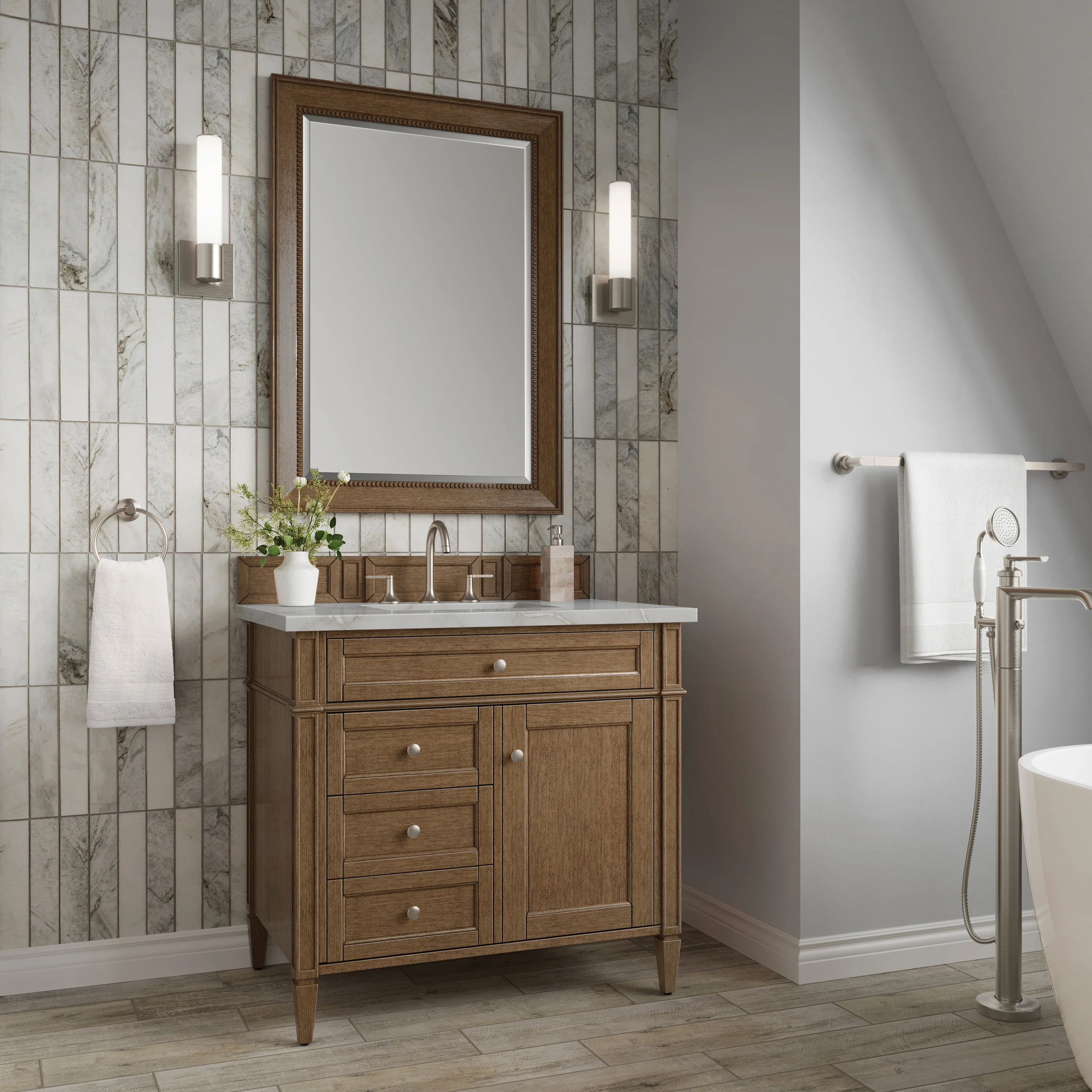 Brittany 36" Single Vanity, Saddle Brown w/ 3 CM Victorian Silver Silestone Top