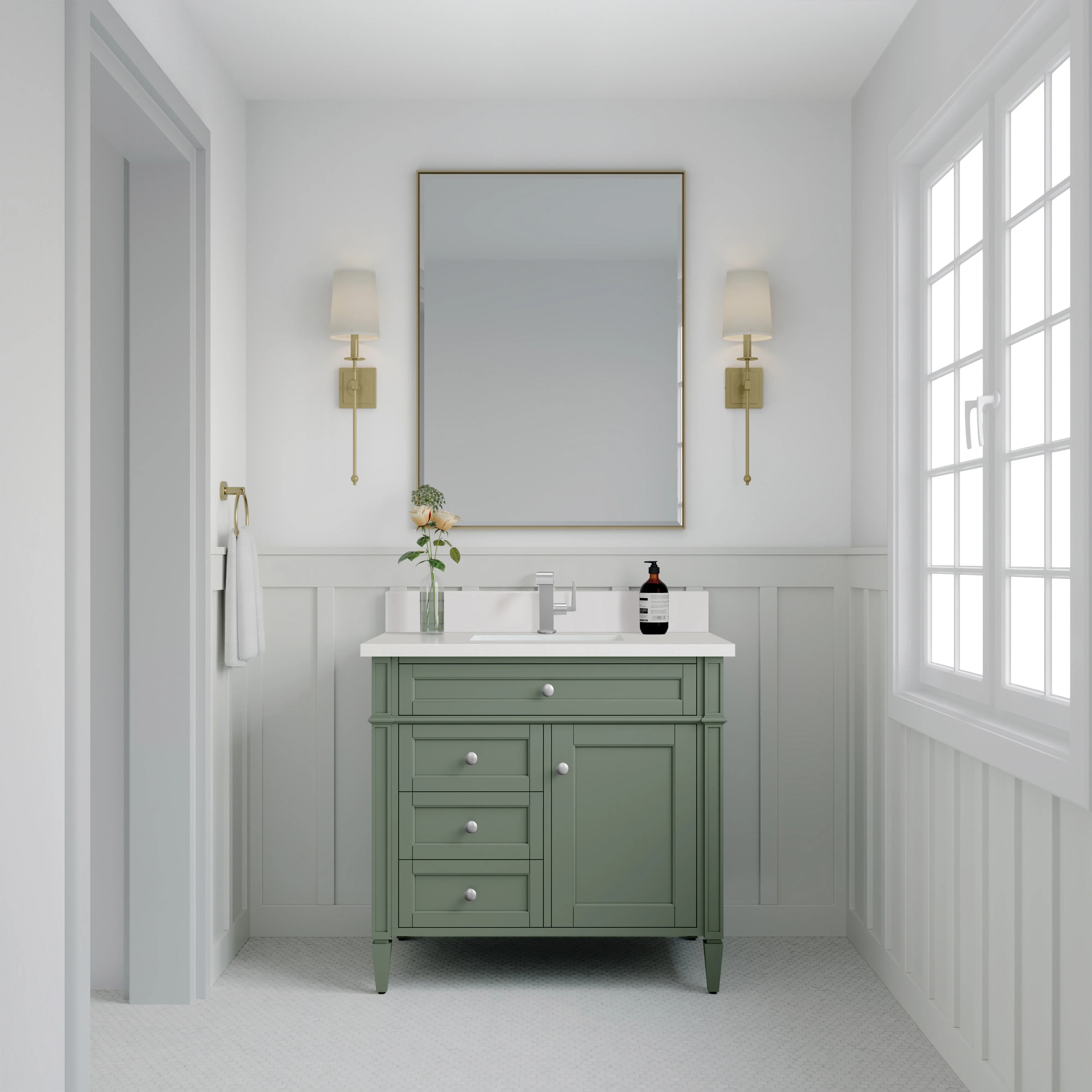 Brittany 36" Single Vanity, Smokey Celadon w/ Single Hole 3 CM White Zeus Top & Backsplash