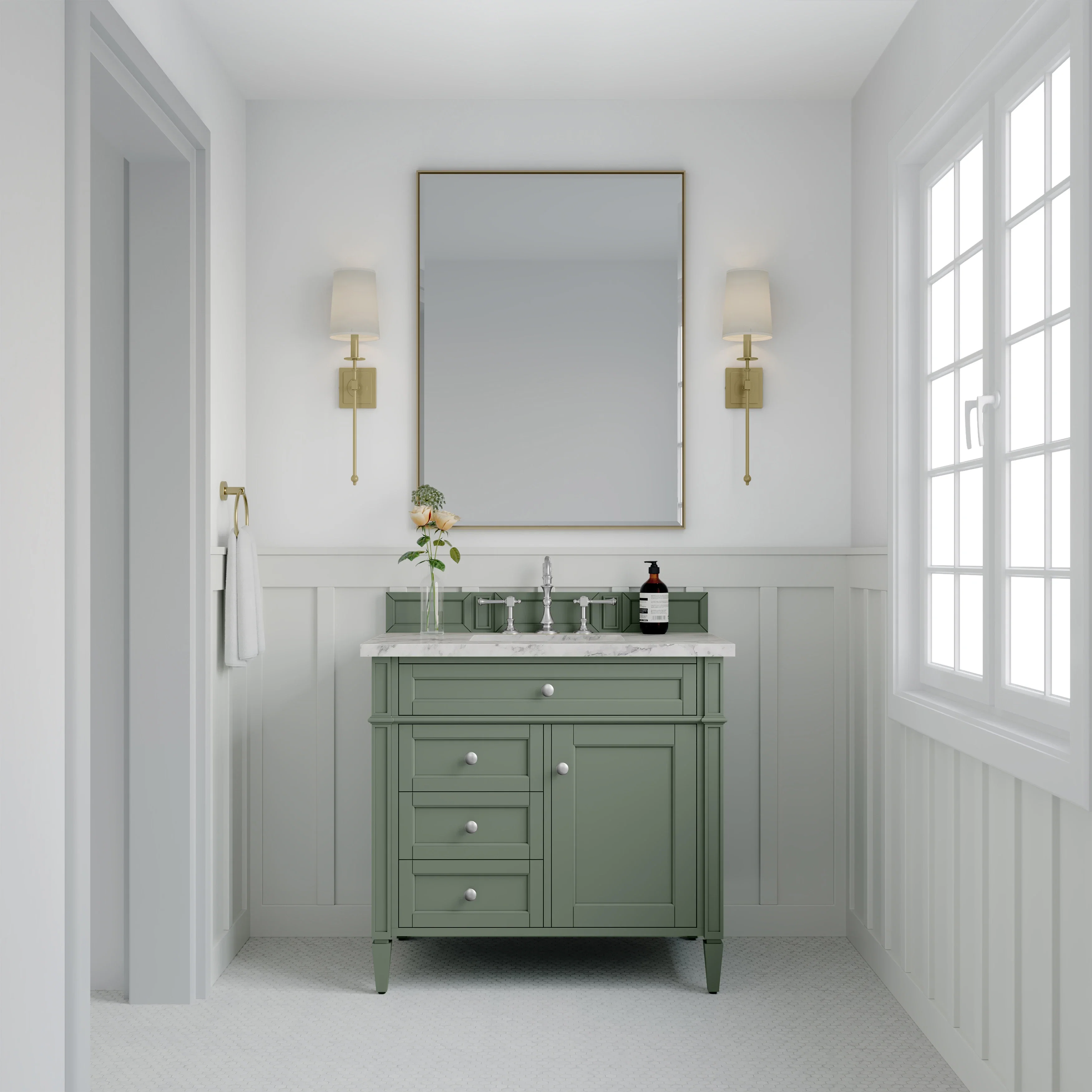 Brittany 36" Single Vanity, Smokey Celadon w/ 3 CM Carrara Marble Top