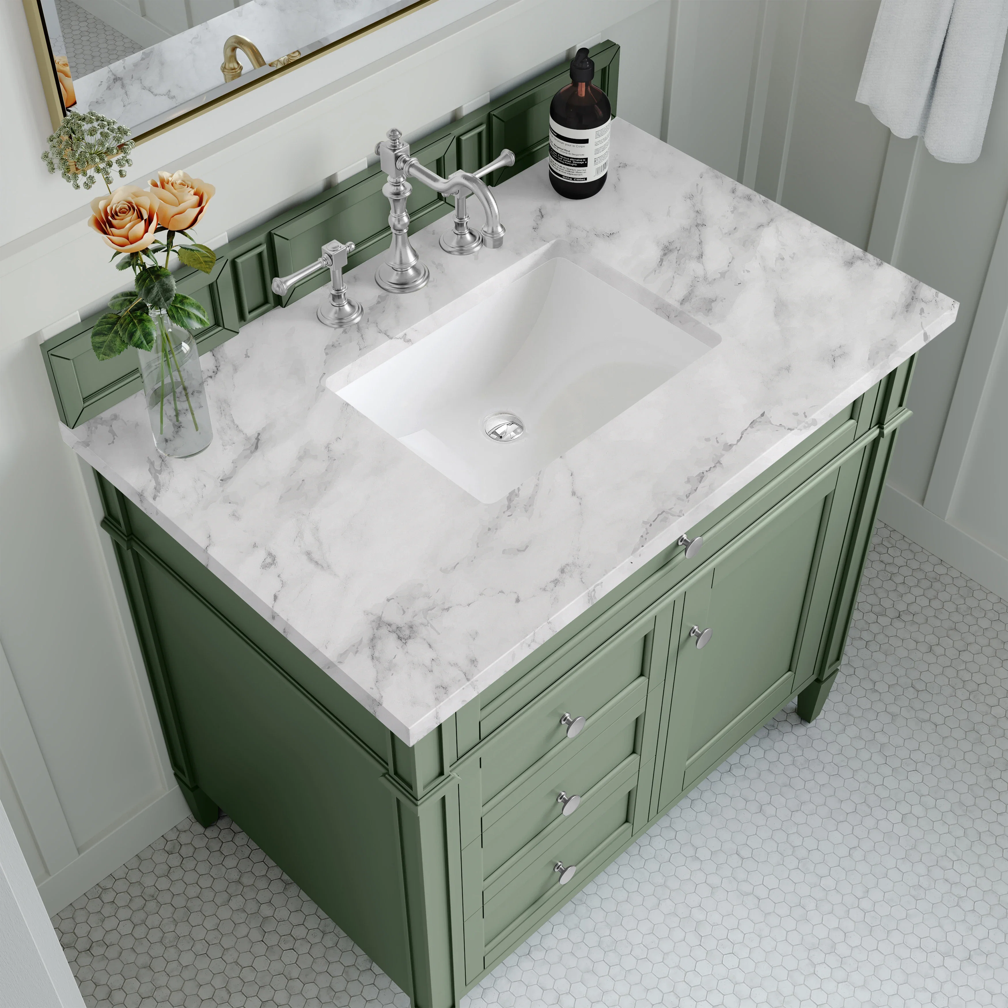 Brittany 36" Single Vanity, Smokey Celadon w/ 3 CM Carrara Marble Top