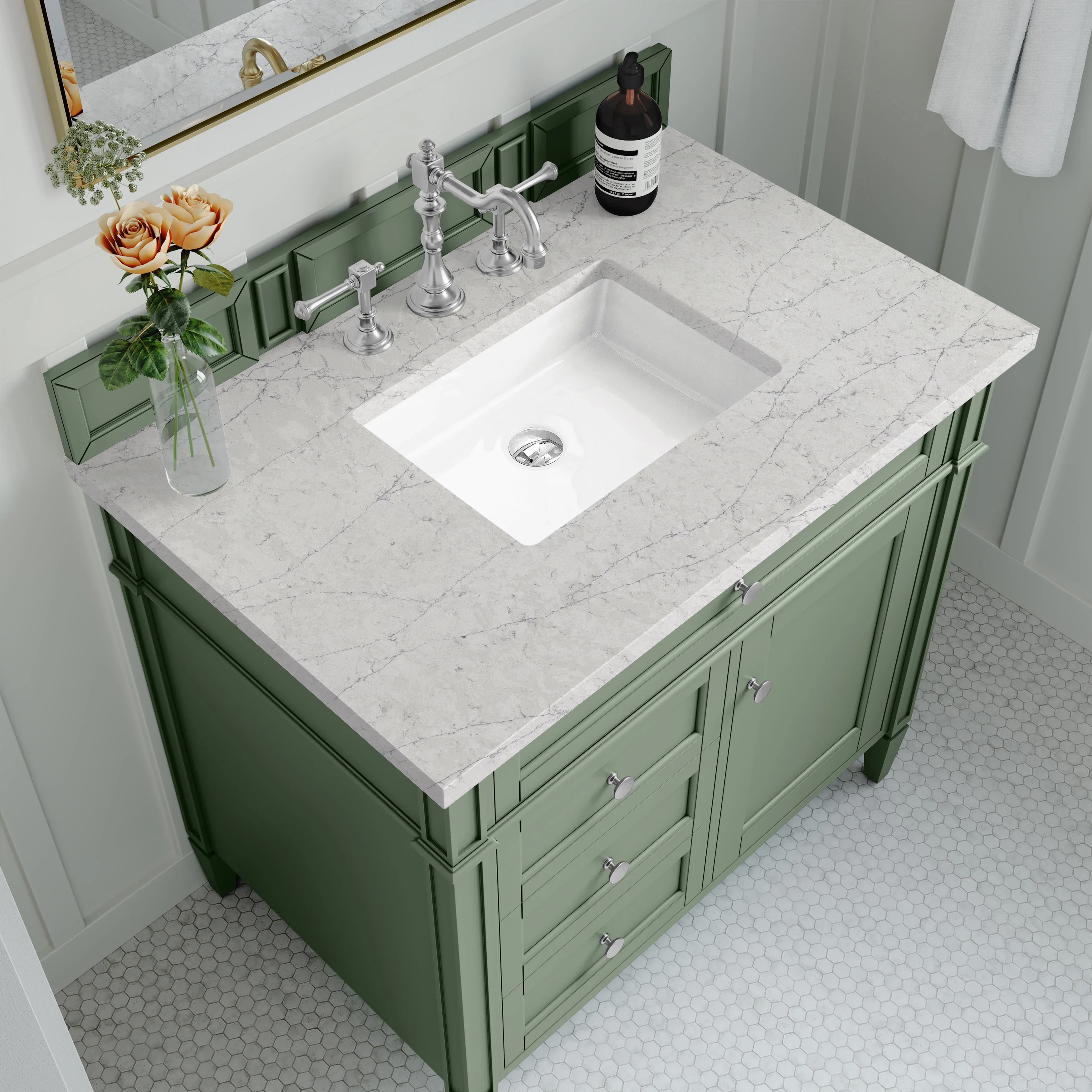 Brittany 36" Single Vanity, Smokey Celadon w/ 3 CM Eternal Jasmine Pearl Top