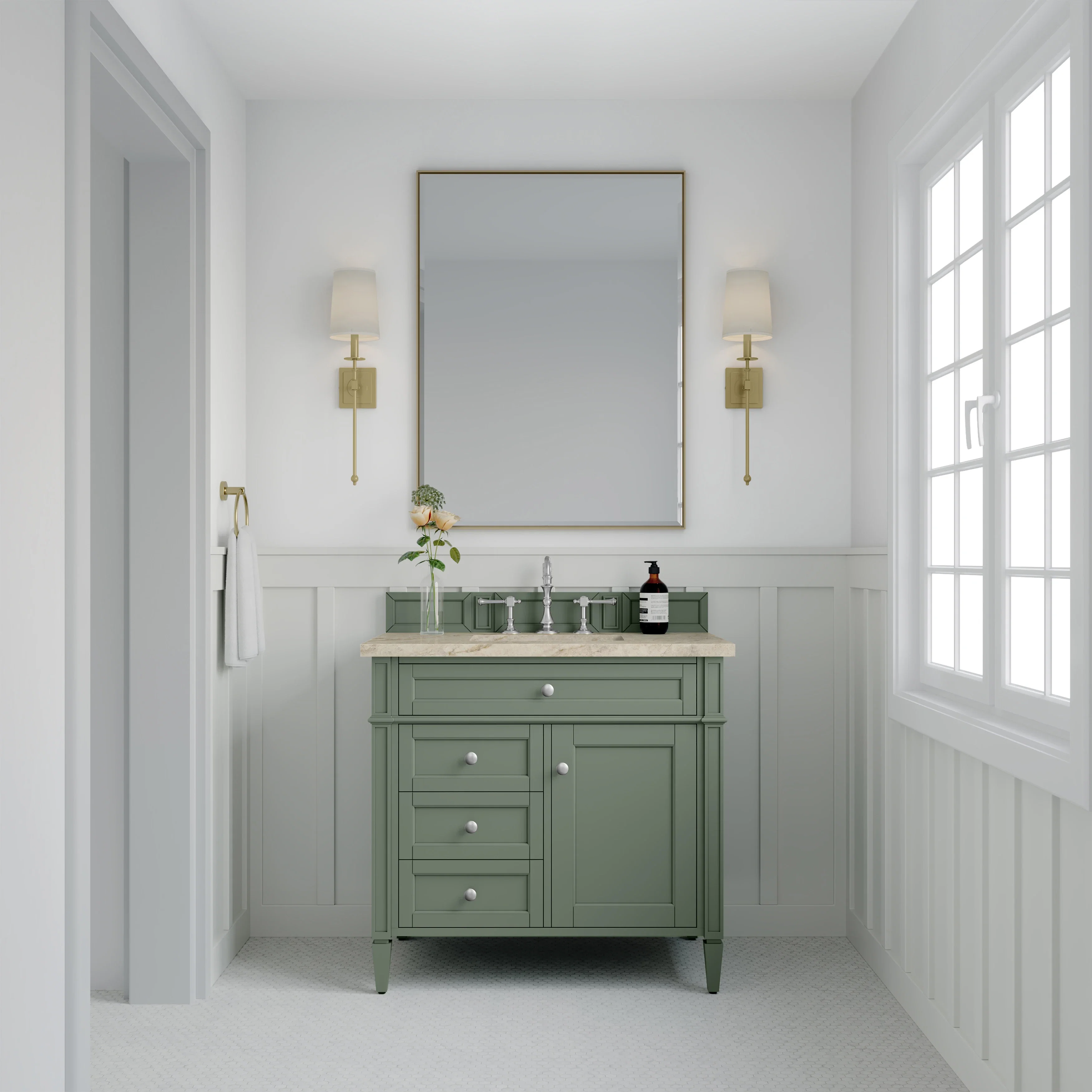 Brittany 36" Single Vanity, Smokey Celadon, w/ 3 CM Tajnar Eclos Top