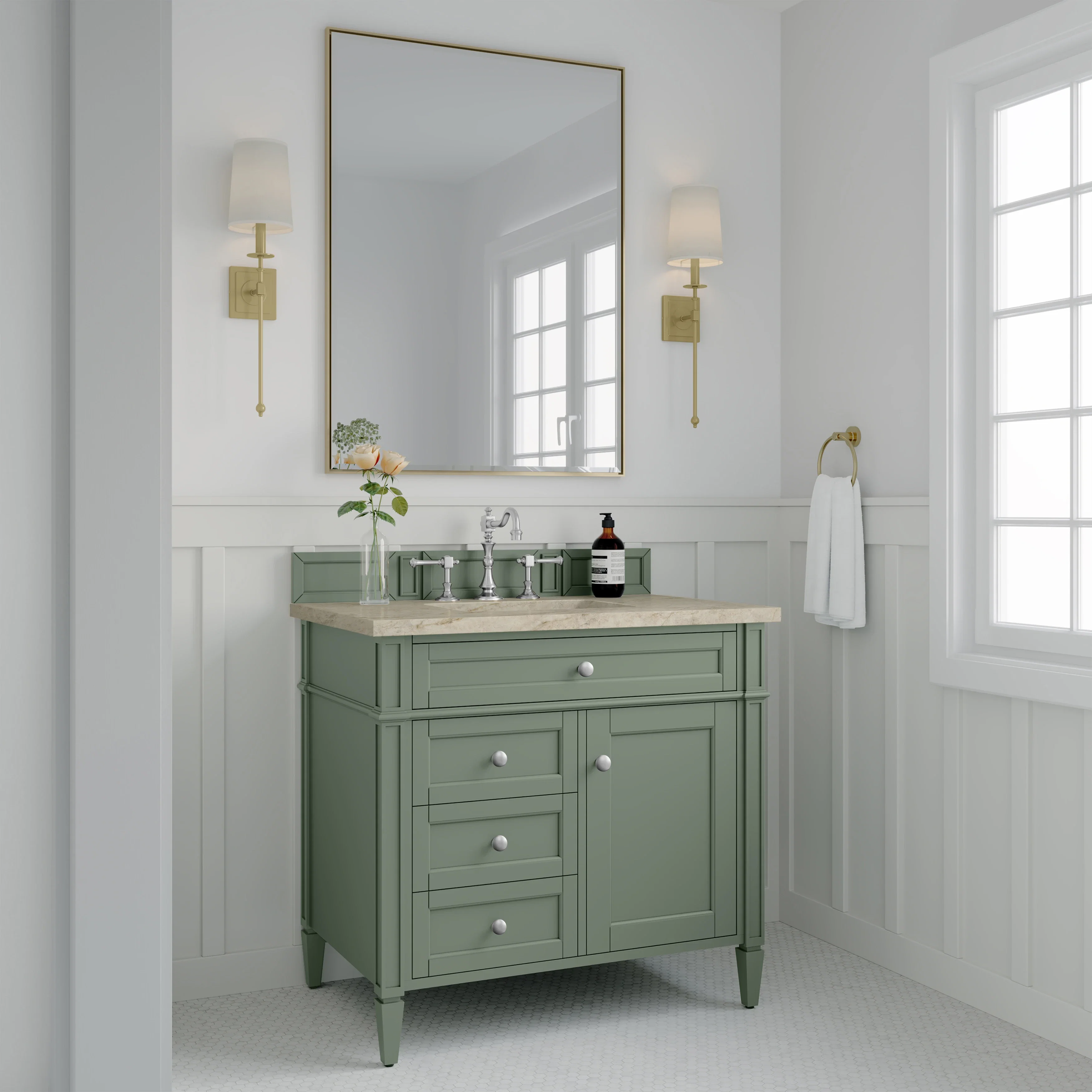 Brittany 36" Single Vanity, Smokey Celadon, w/ 3 CM Tajnar Eclos Top