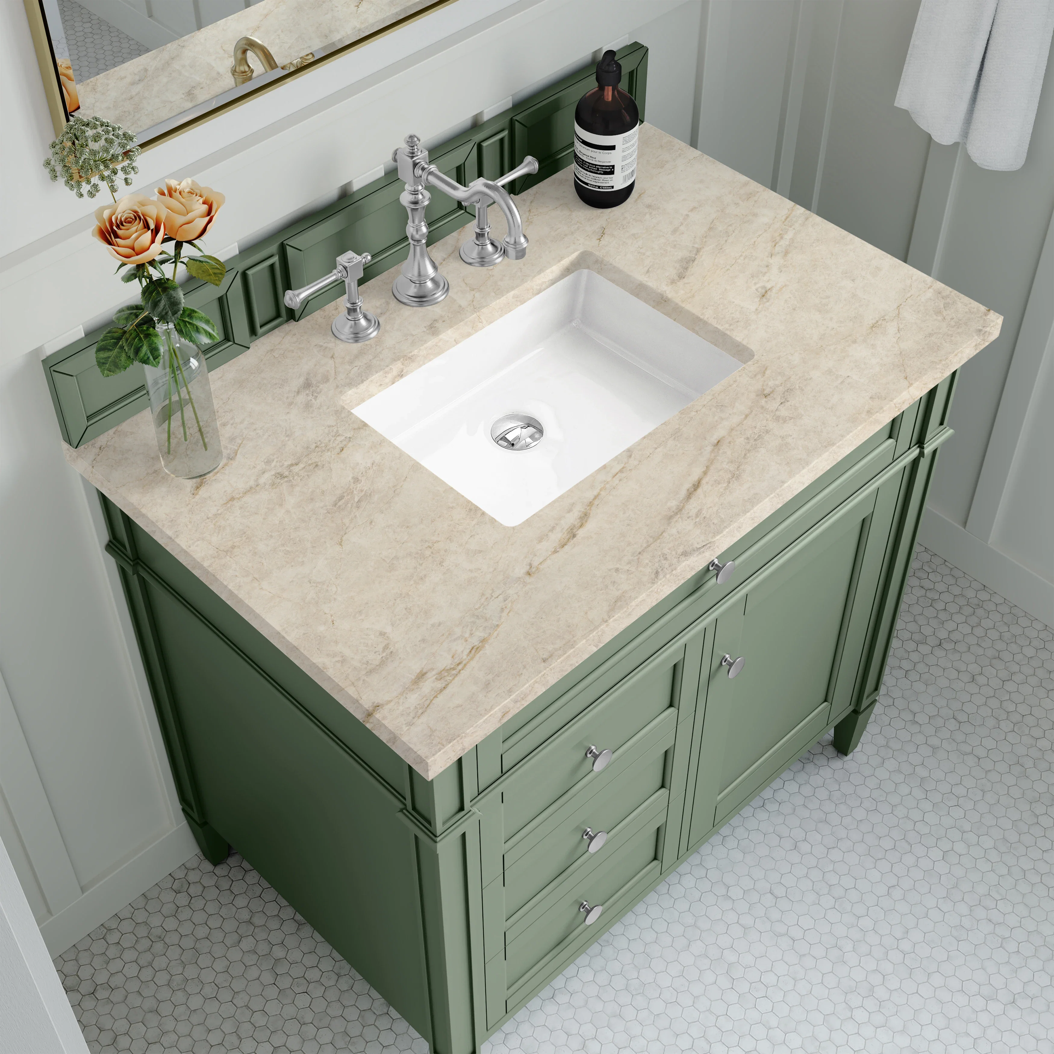 Brittany 36" Single Vanity, Smokey Celadon, w/ 3 CM Tajnar Eclos Top