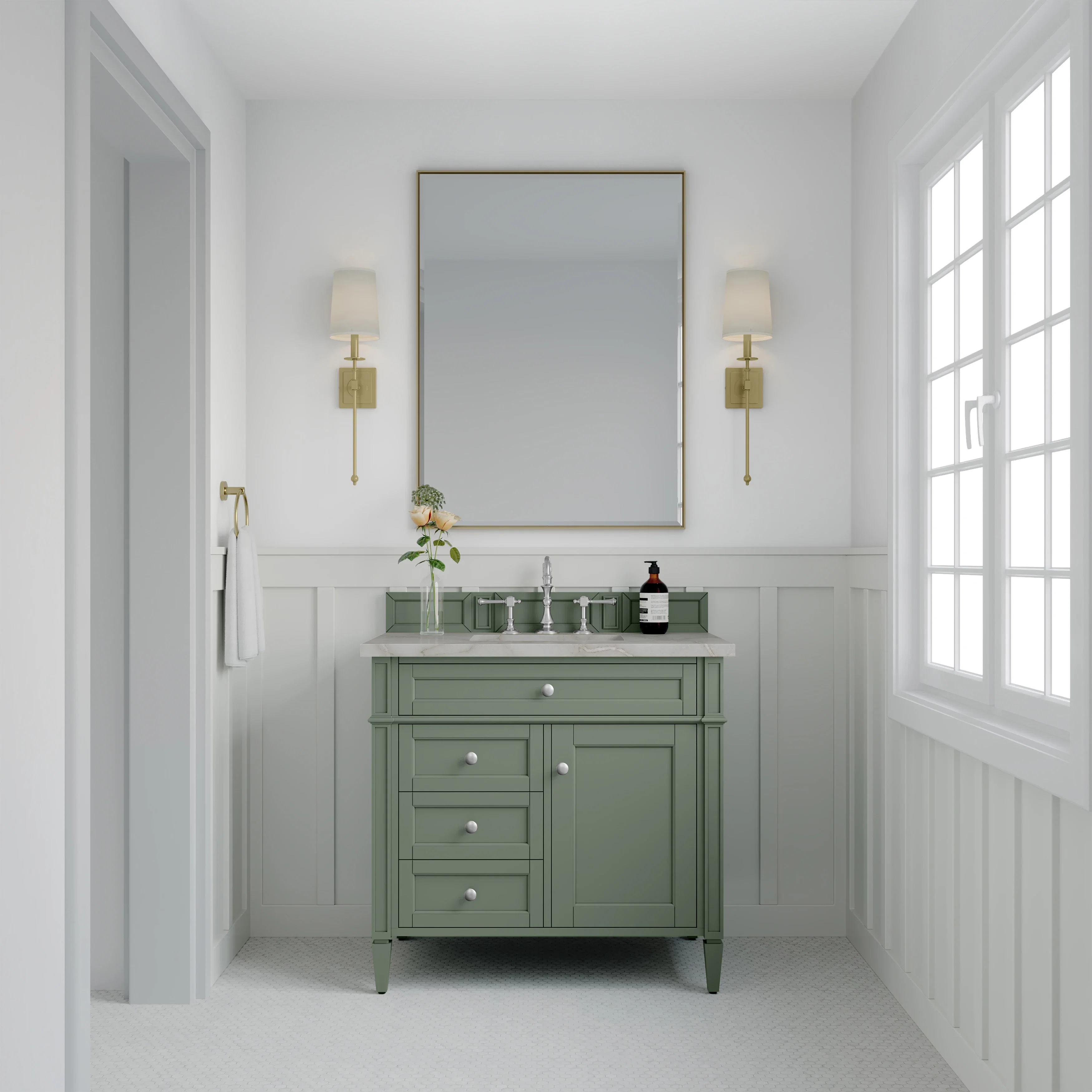 Brittany 36" Single Vanity, Smokey Celadon w/ 3 CM Victorian Silver Top