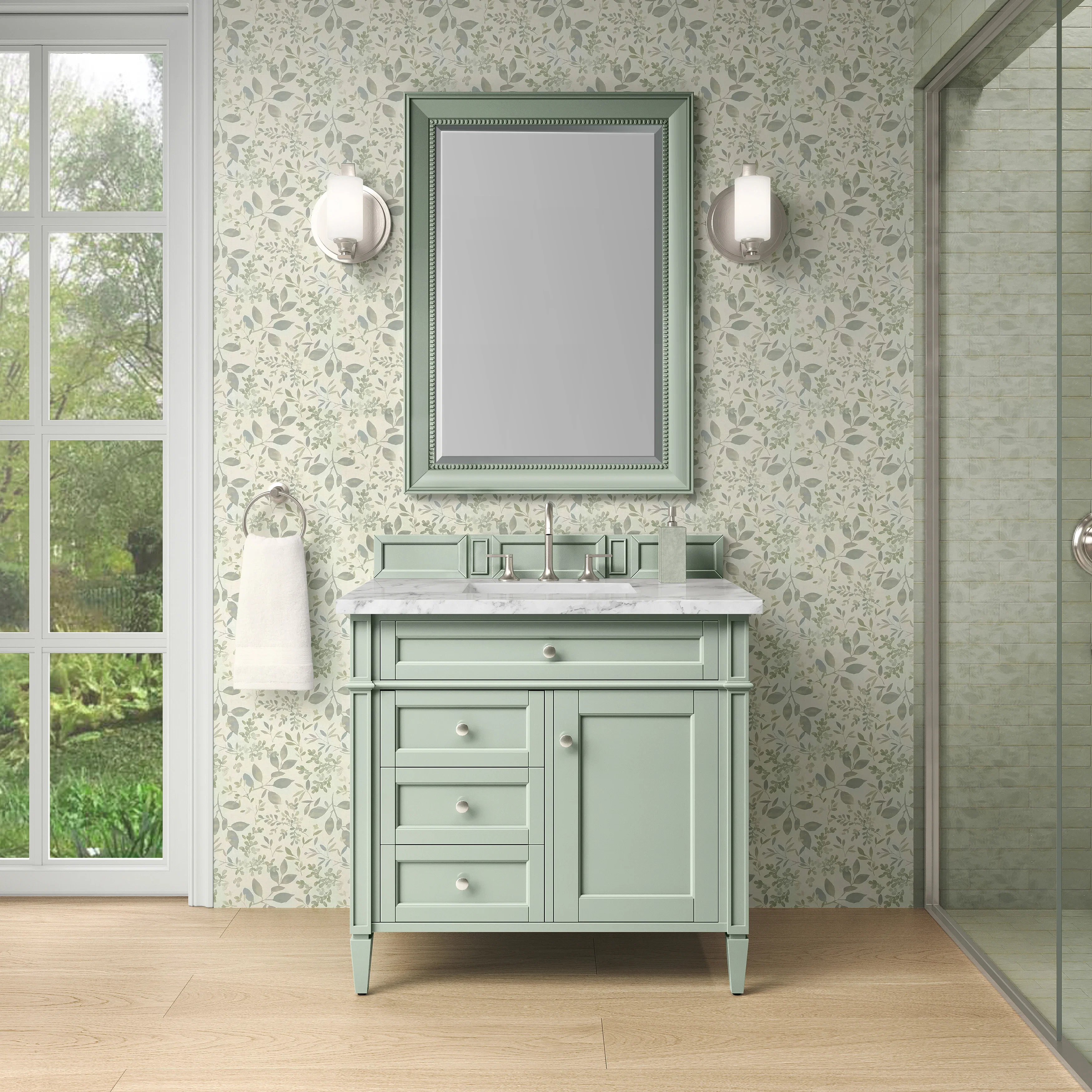 Brittany 36" Single Vanity, Sage Green w/ 3 CM Carrara Marble Top