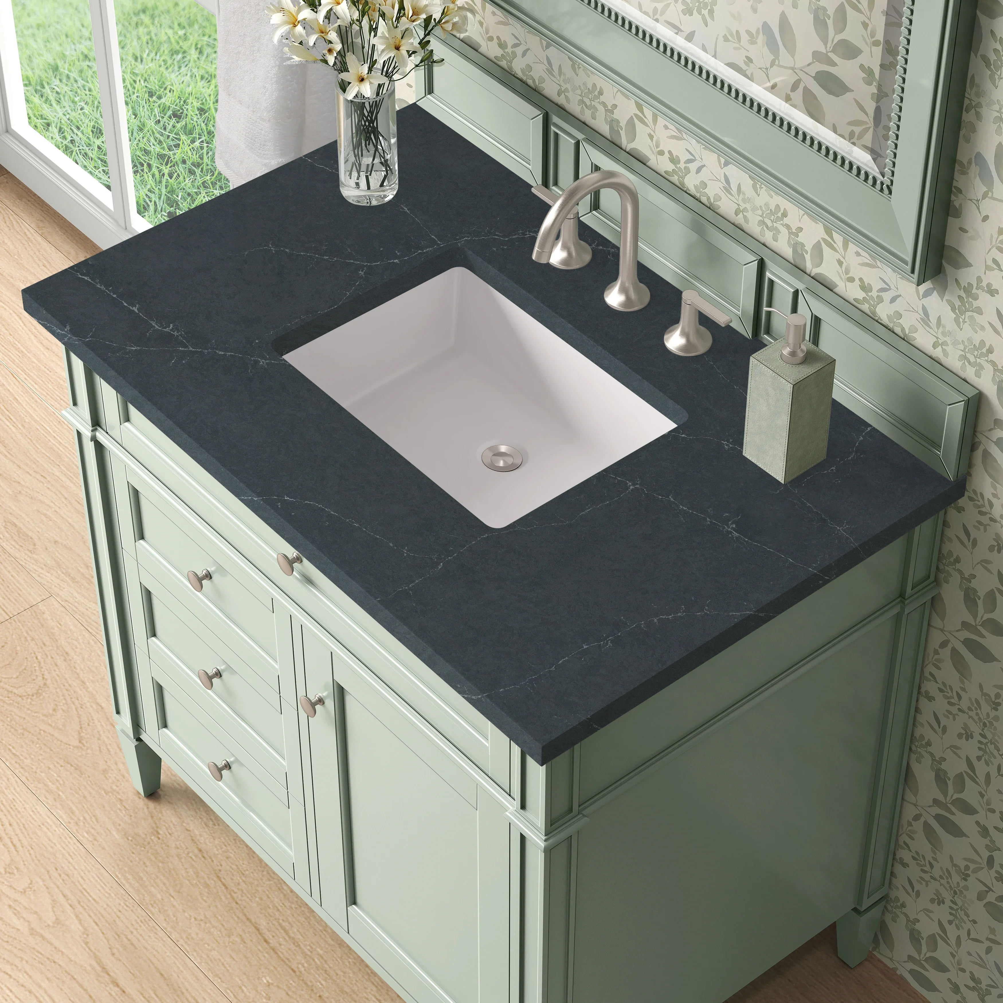 Brittany 36" Single Vanity, Sage Green w/ 3 CM Charcoal Soapstone Silestone Top