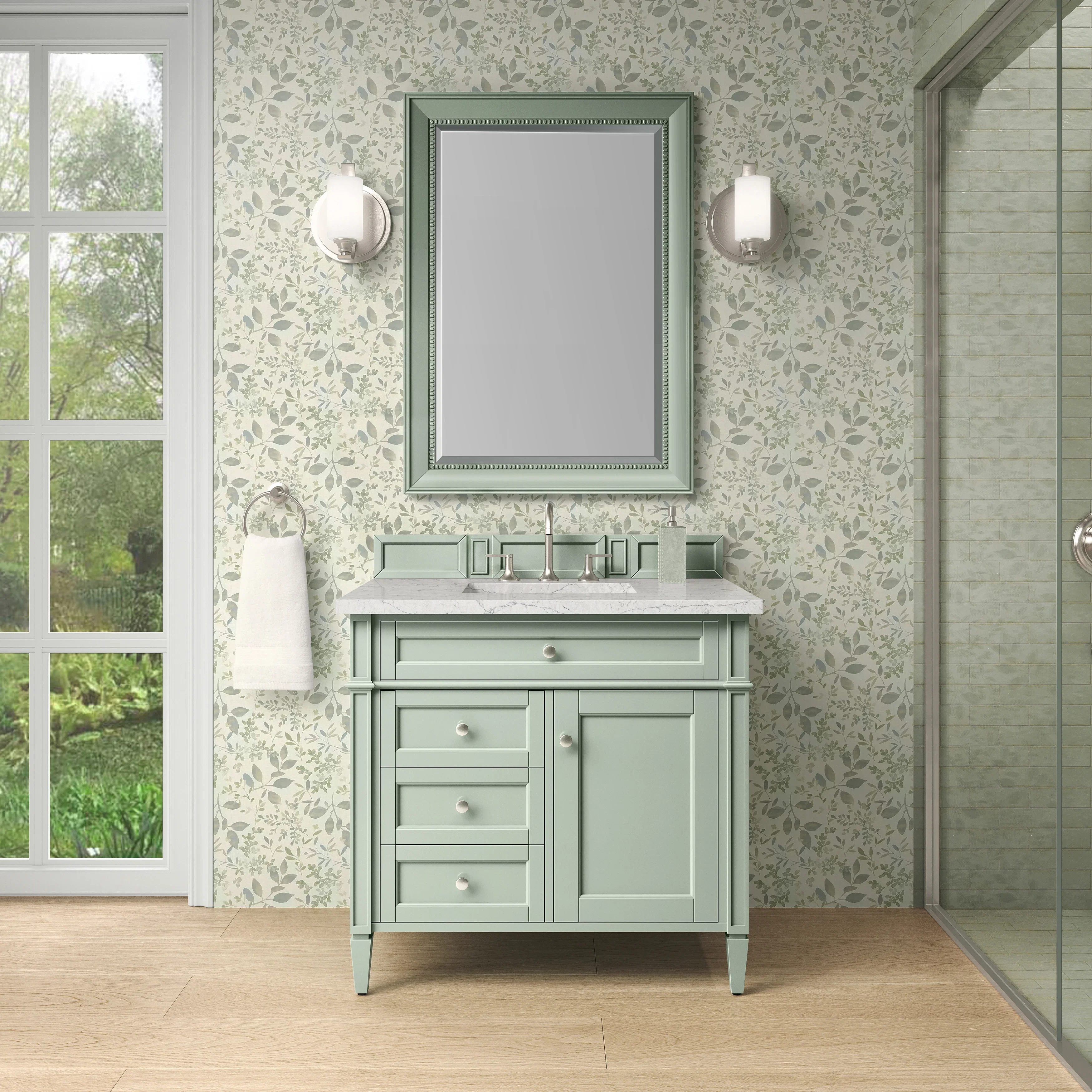 Brittany 36" Single Vanity, Sage Green w/ 3 CM Eternal Jasmine Pearl Silestone Top