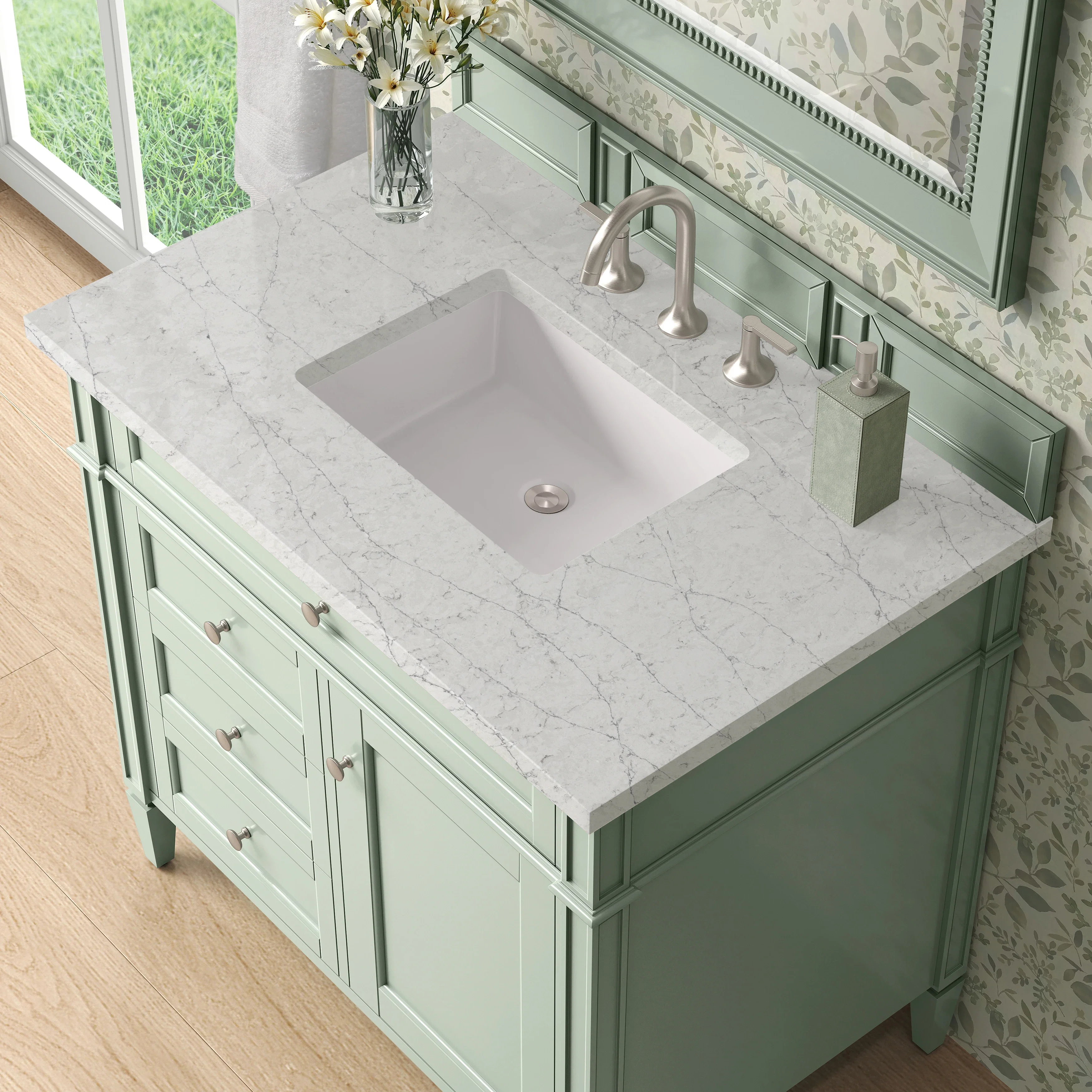 Brittany 36" Single Vanity, Sage Green w/ 3 CM Eternal Jasmine Pearl Silestone Top