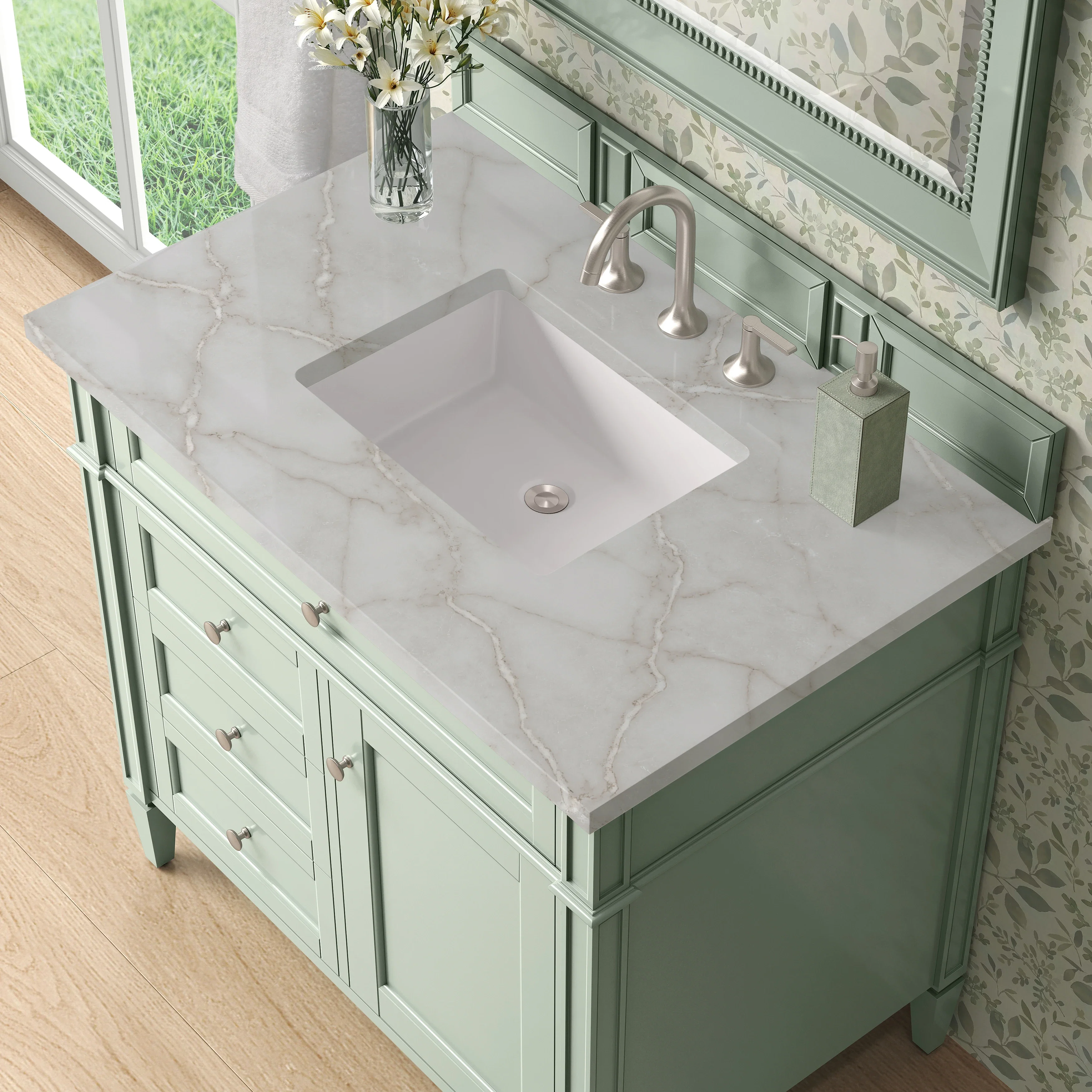 Brittany 36" Single Vanity, Sage Green w/ 3 CM Victorian Silver Silestone Top