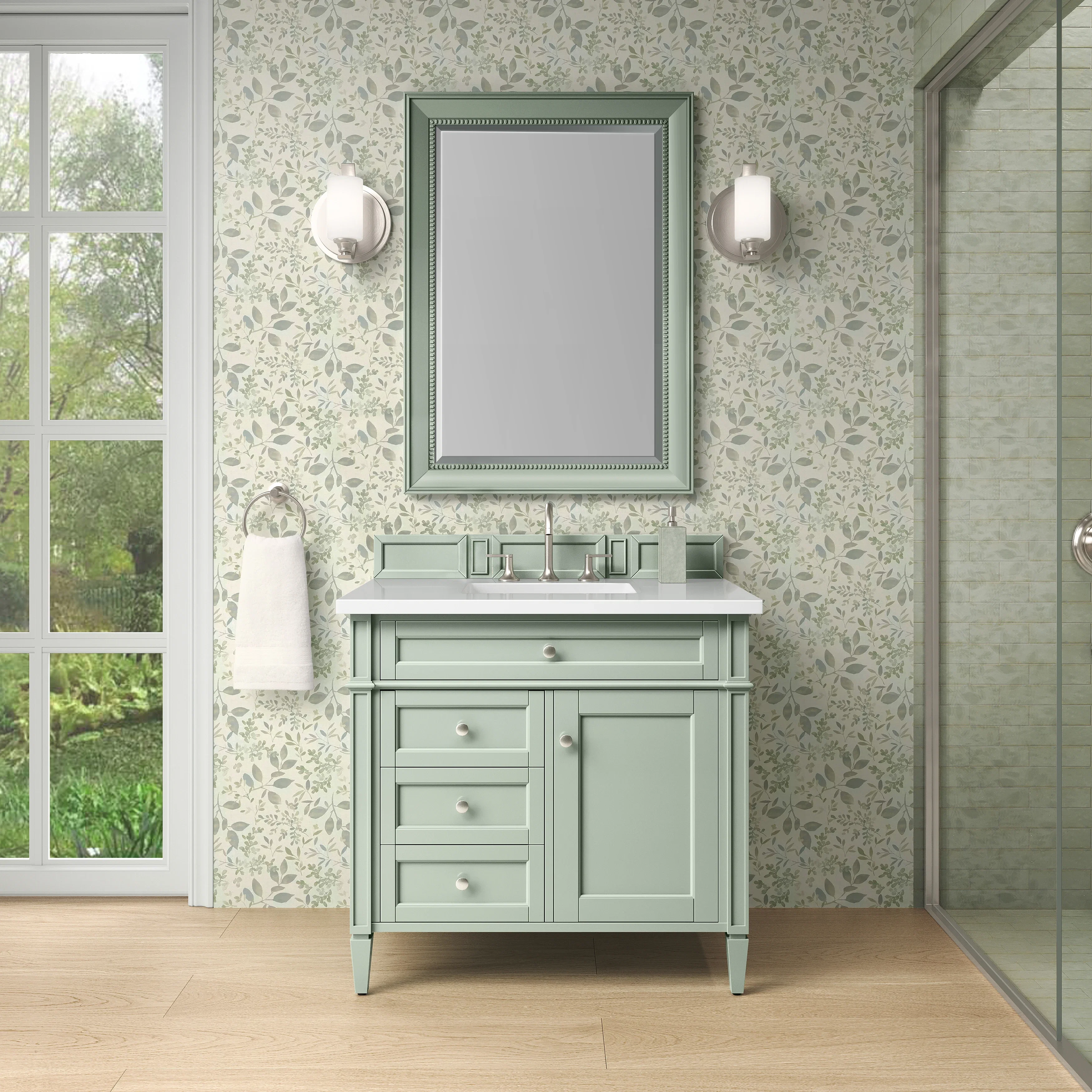 Brittany 36" Single Vanity, Sage Green w/ 3 CM White Zeus Silestone Top