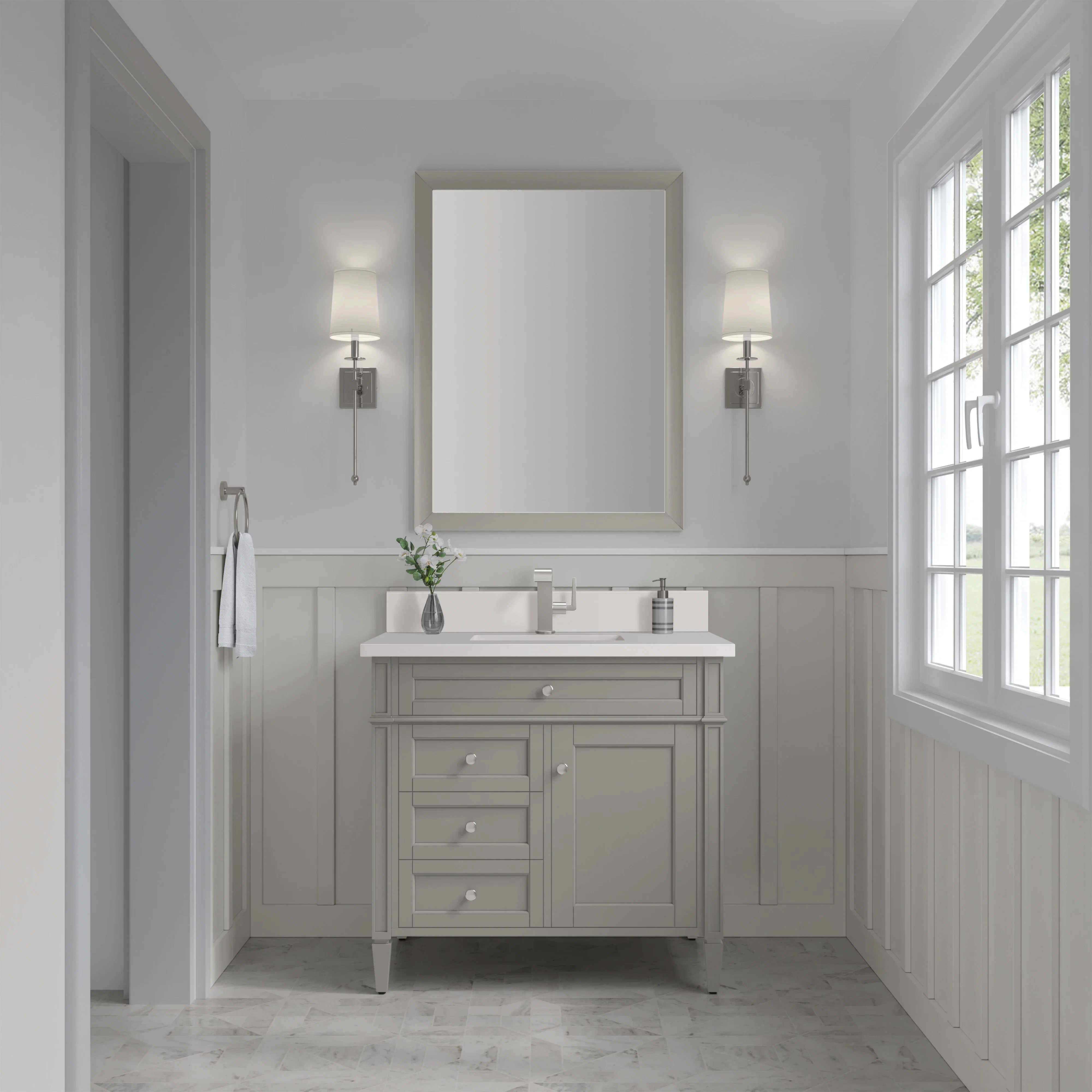 Brittany 36" Single Vanity, Urban Gray w/ Single Hole 3 CM White Zeus Silestone Top & Backsplash