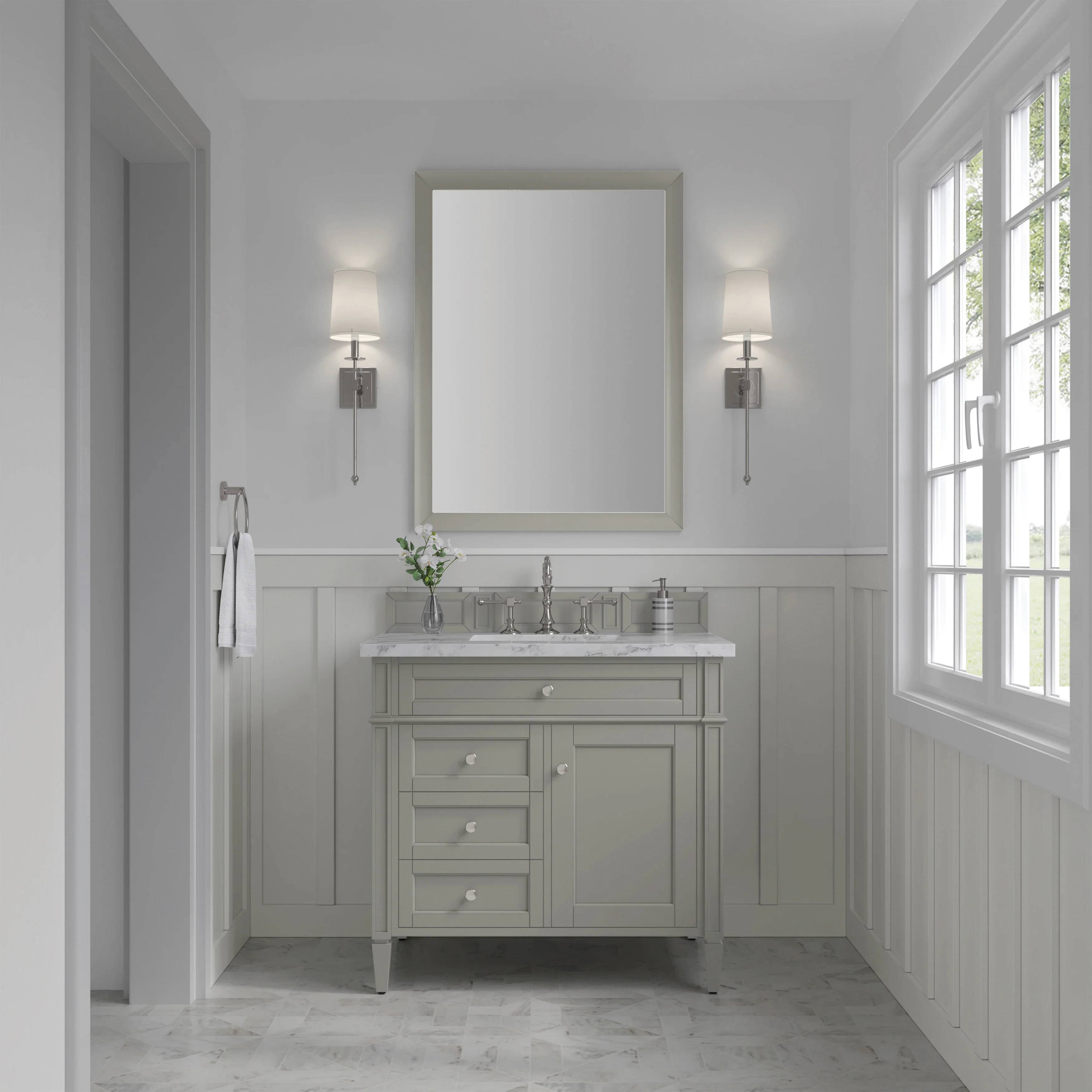 Brittany 36" Single Vanity, Urban Gray w/ 3 CM Carrara Marble Top