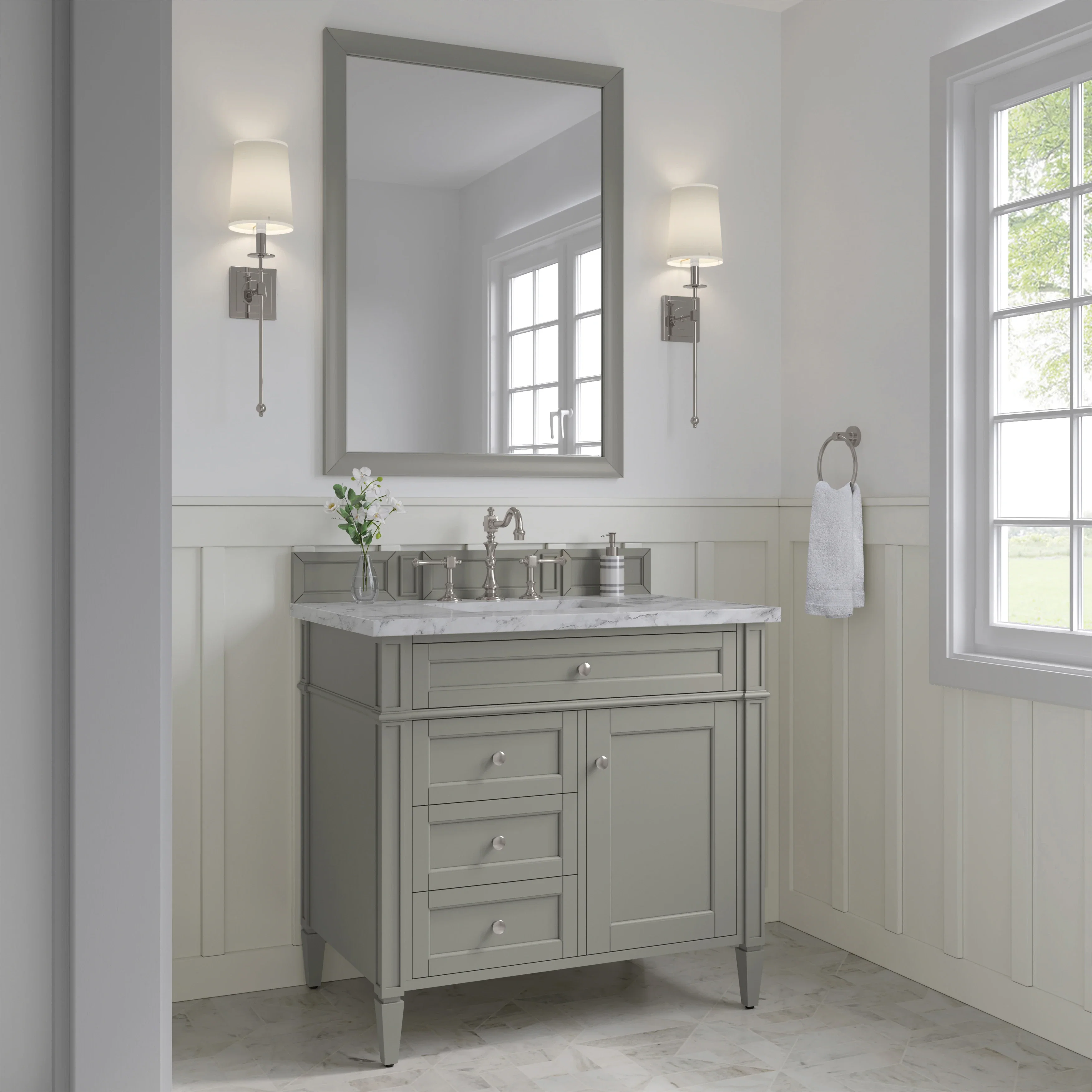Brittany 36" Single Vanity, Urban Gray w/ 3 CM Carrara Marble Top