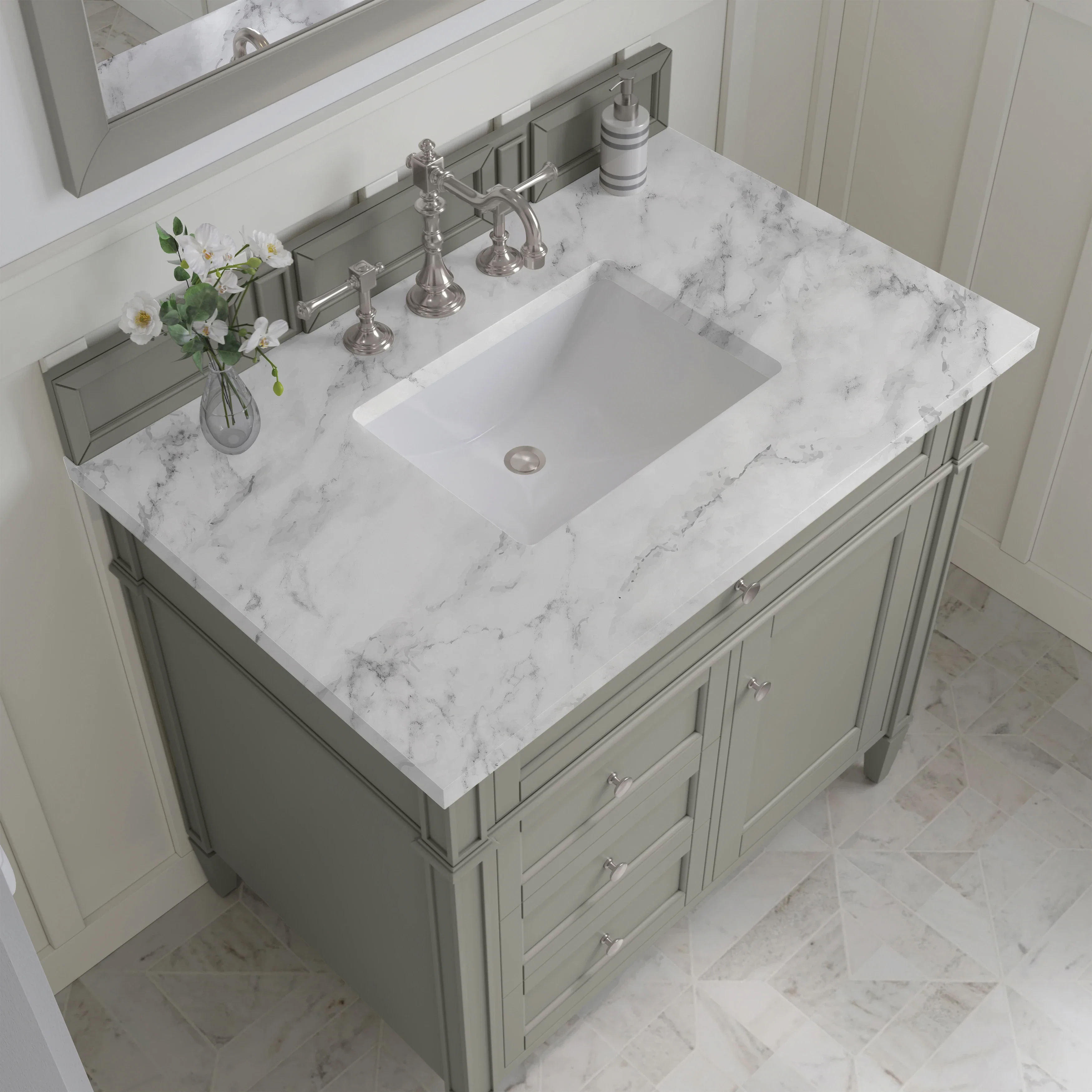 Brittany 36" Single Vanity, Urban Gray w/ 3 CM Carrara Marble Top