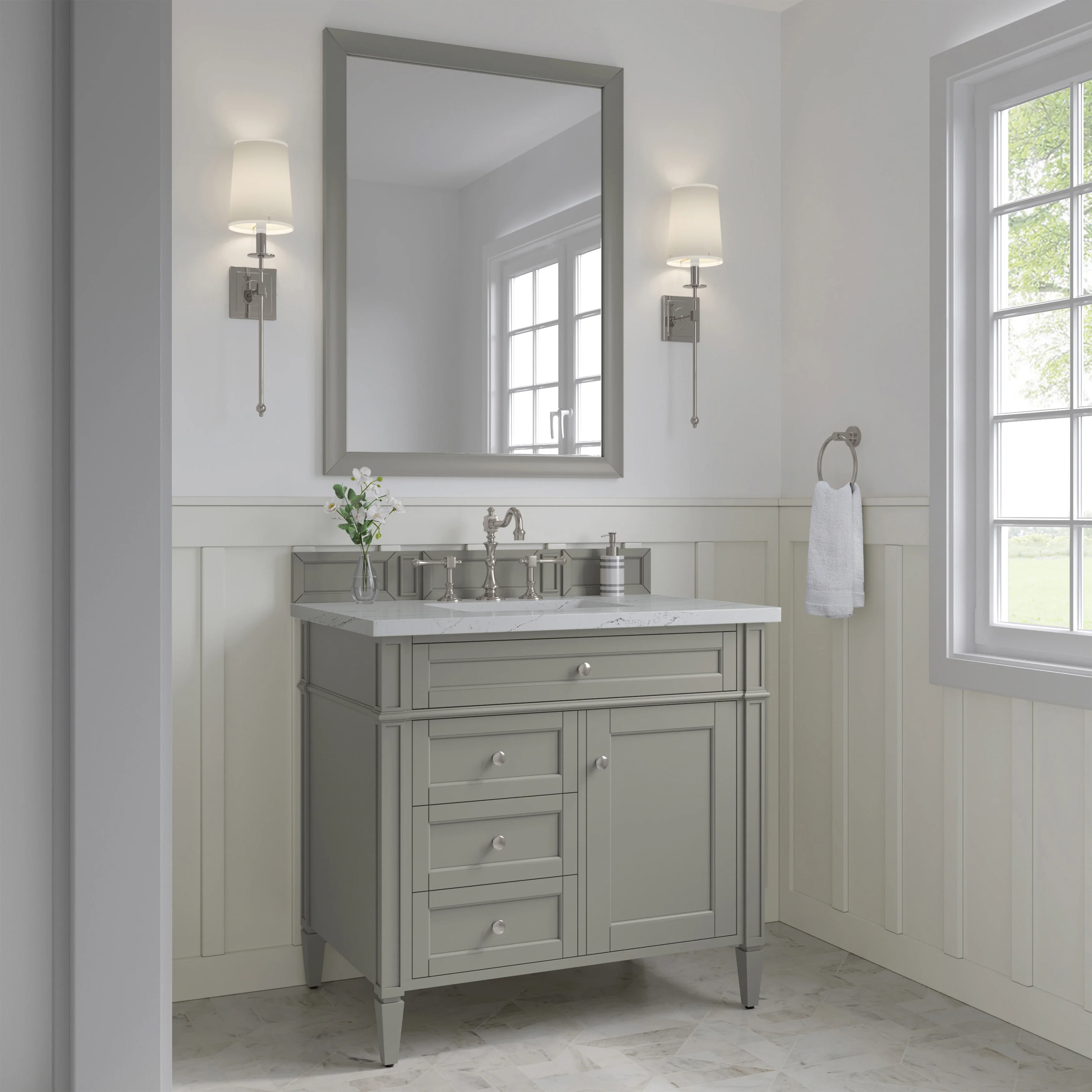 Brittany 36" Single Vanity, Urban Gray w/ 3 CM Ethereal Noctis Silestone Top