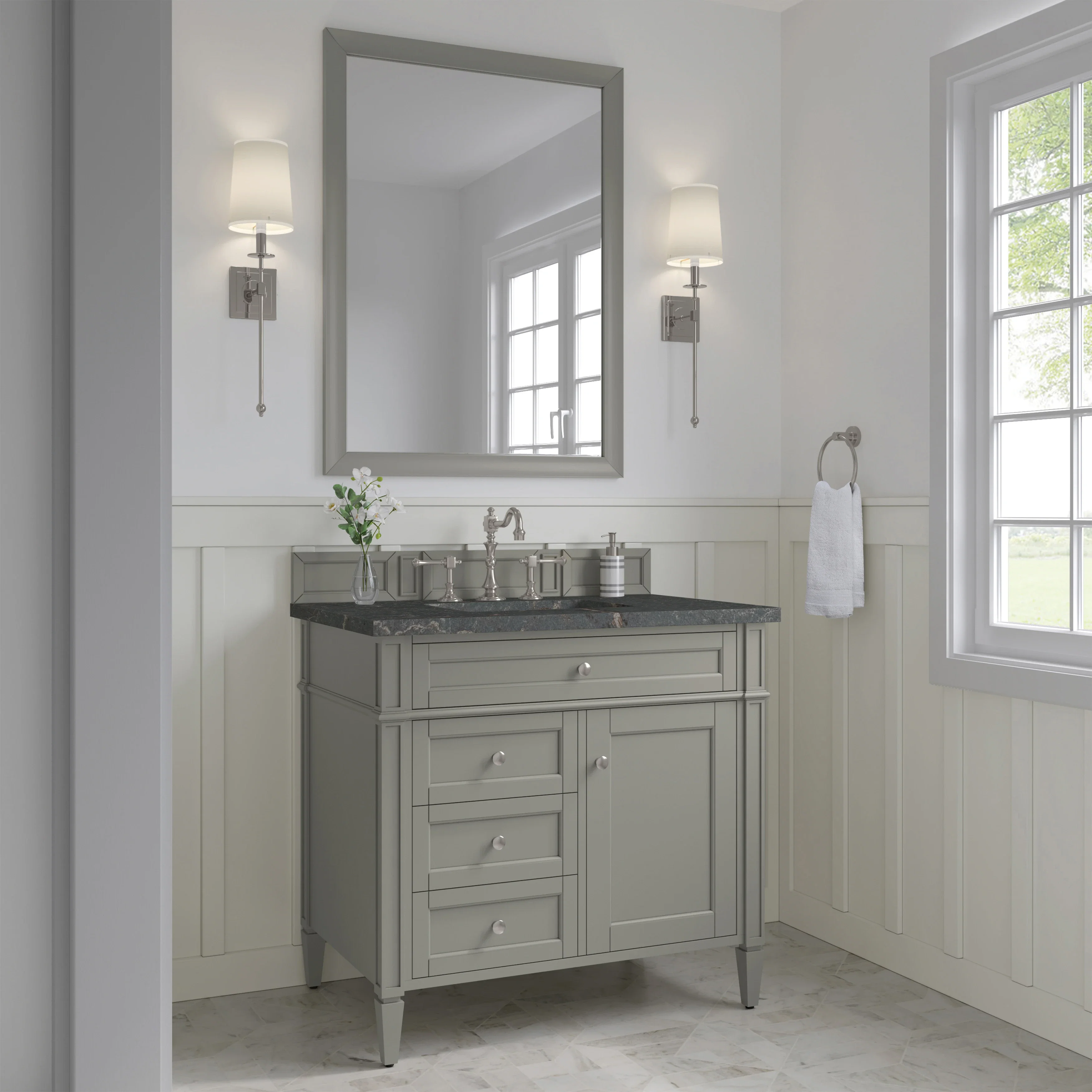 Brittany 36" Single Vanity, Urban Gray w/ 3 CM Parisien Bleu Silestone Top