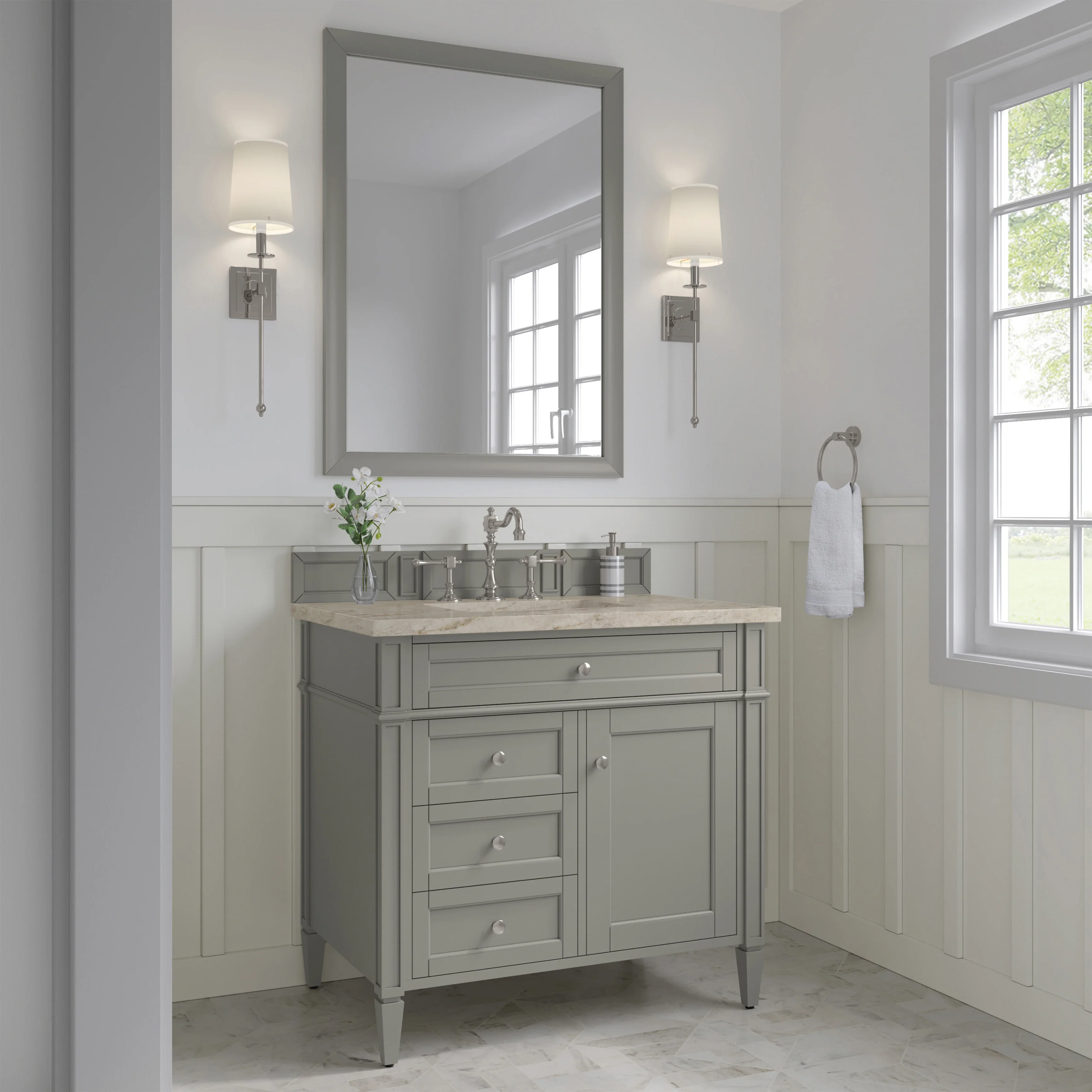 Brittany 36" Single Vanity, Urban Gray, w/ 3 CM Tajnar Eclos Top