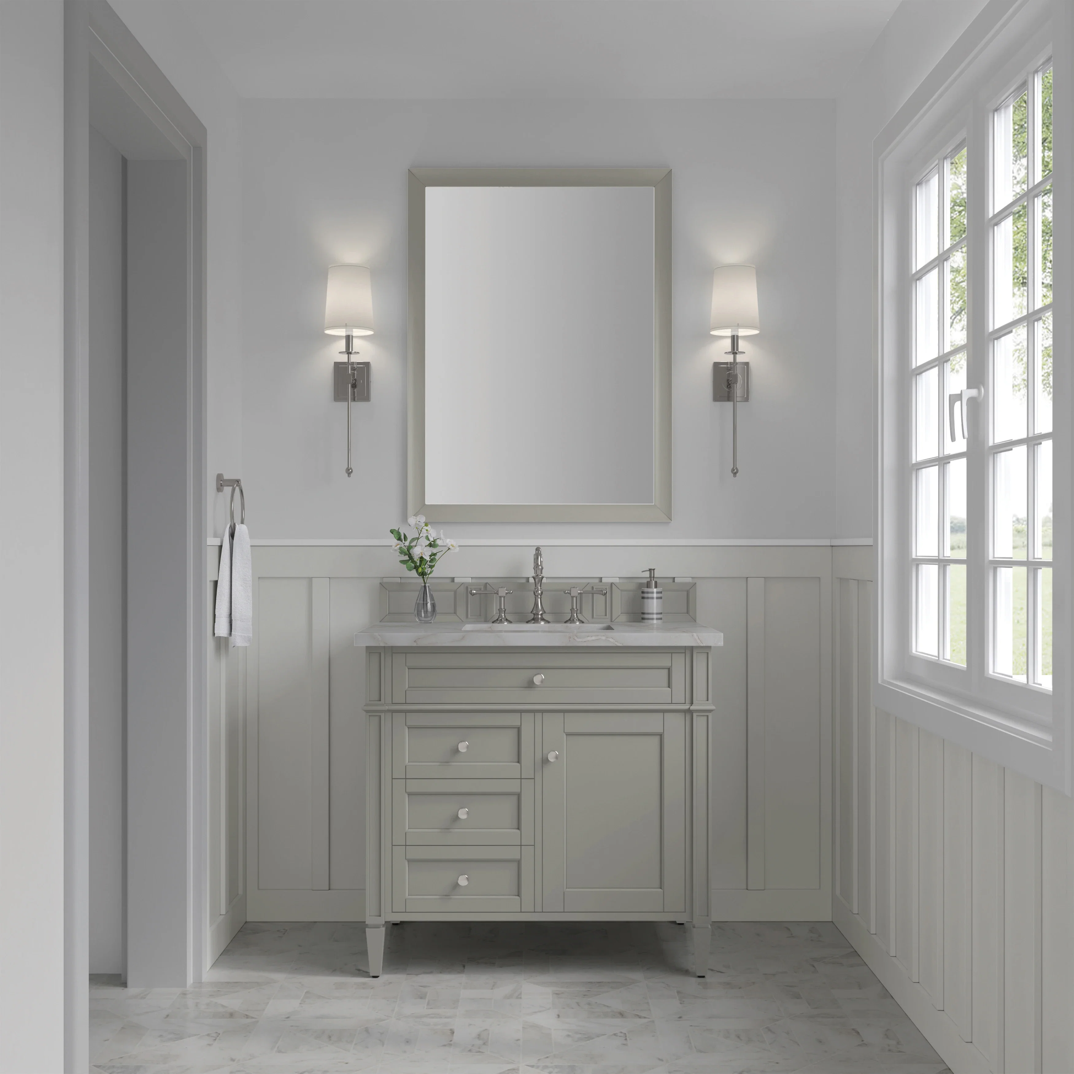 Brittany 36" Single Vanity, Urban Gray w/ 3 CM Victorian Silver Silestone Top