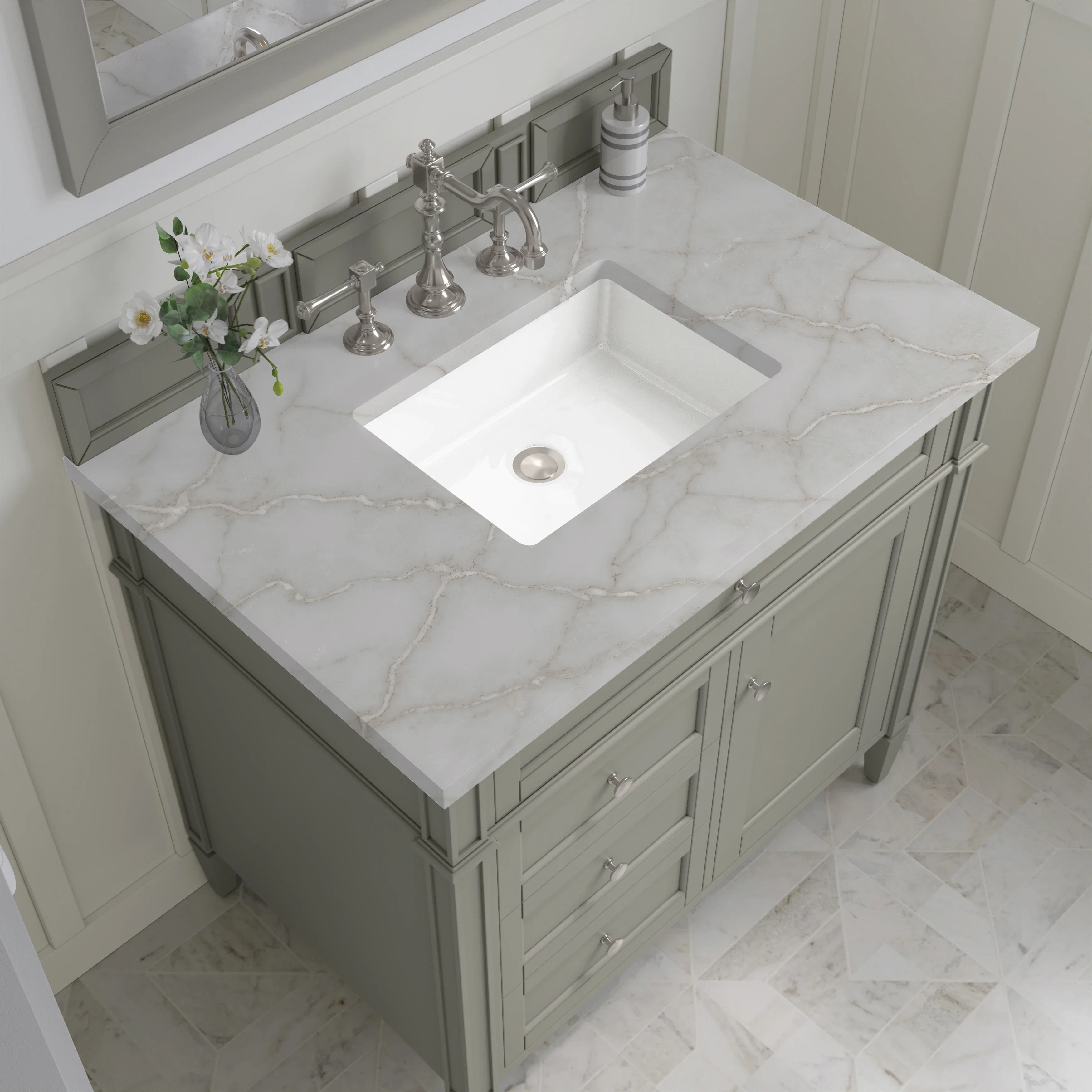 Brittany 36" Single Vanity, Urban Gray w/ 3 CM Victorian Silver Silestone Top