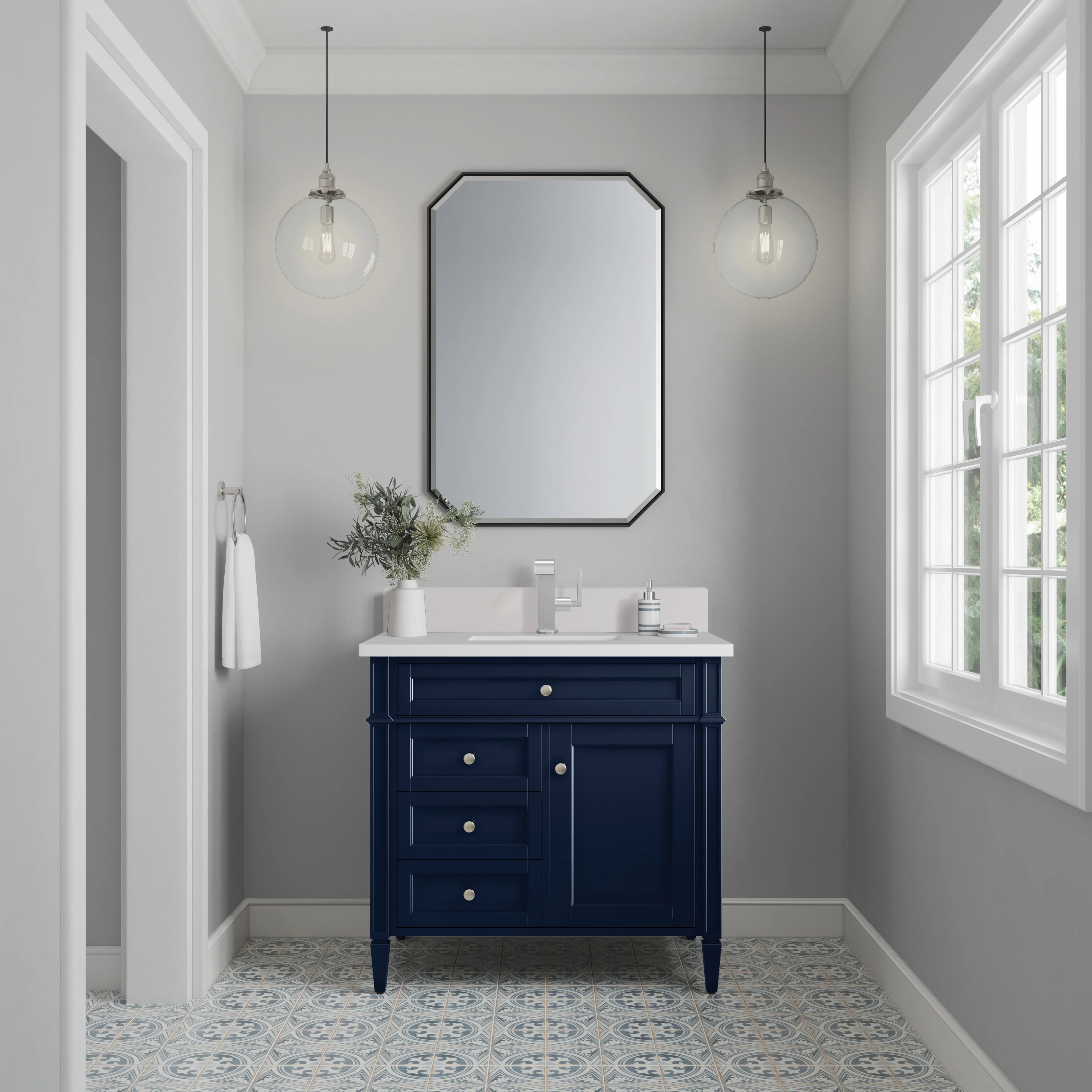 Brittany 36" Single Vanity, Victory Bleu w/ Single Hole 3 CM White Zeus Silestone Top & Backsplash