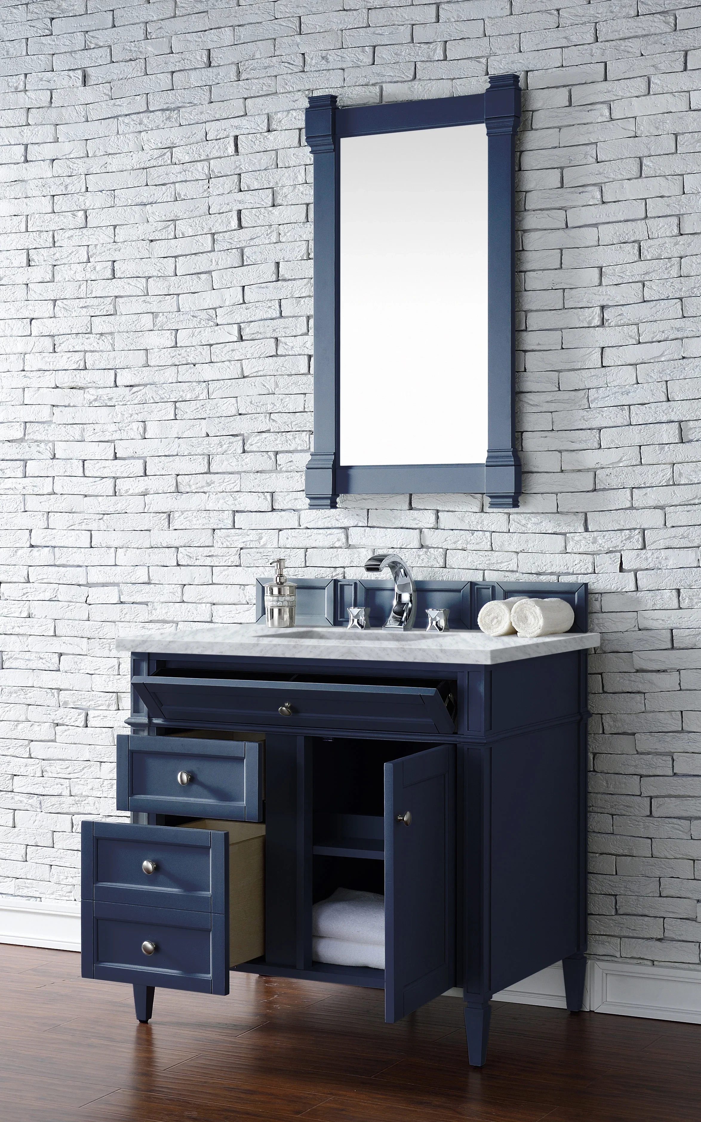Brittany 36" Single Vanity, Victory Blue w/ 3 CM Carrara Marble Top