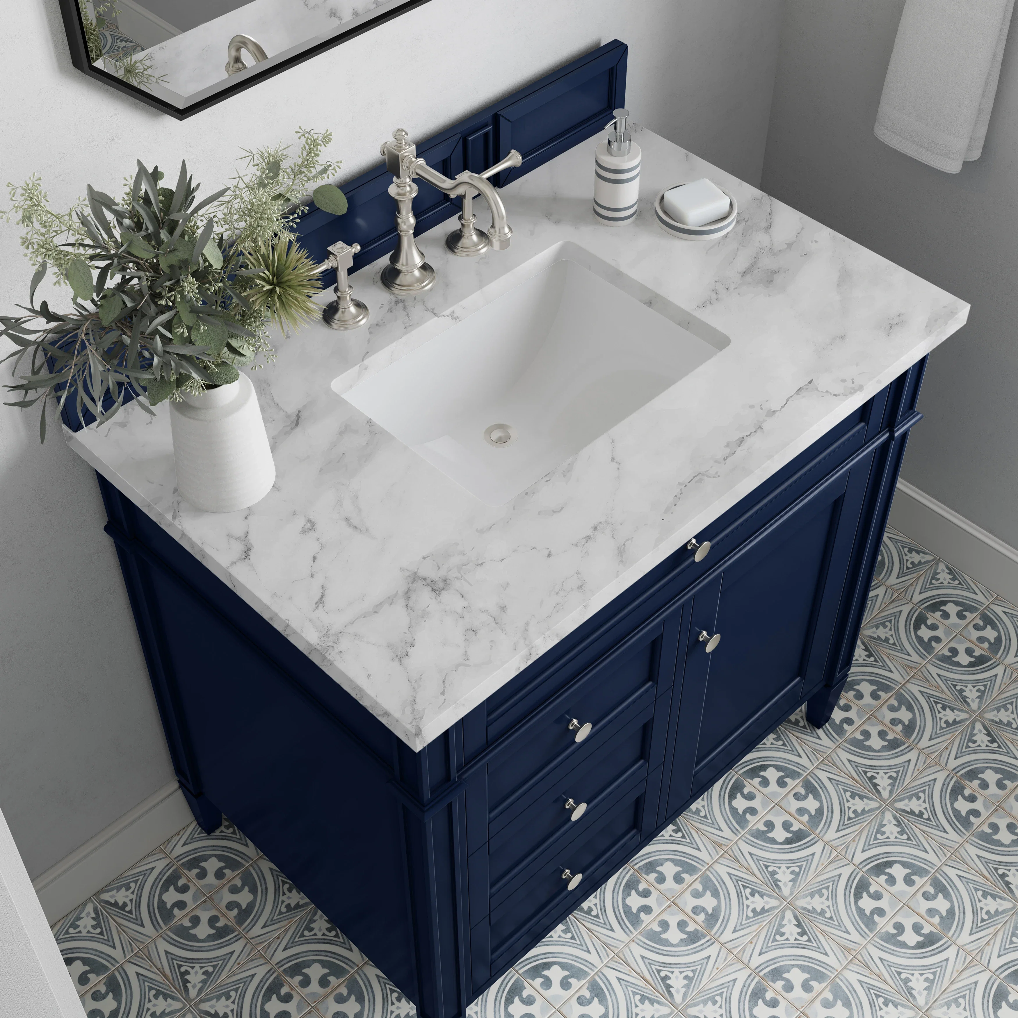 Brittany 36" Single Vanity, Victory Blue w/ 3 CM Carrara Marble Top