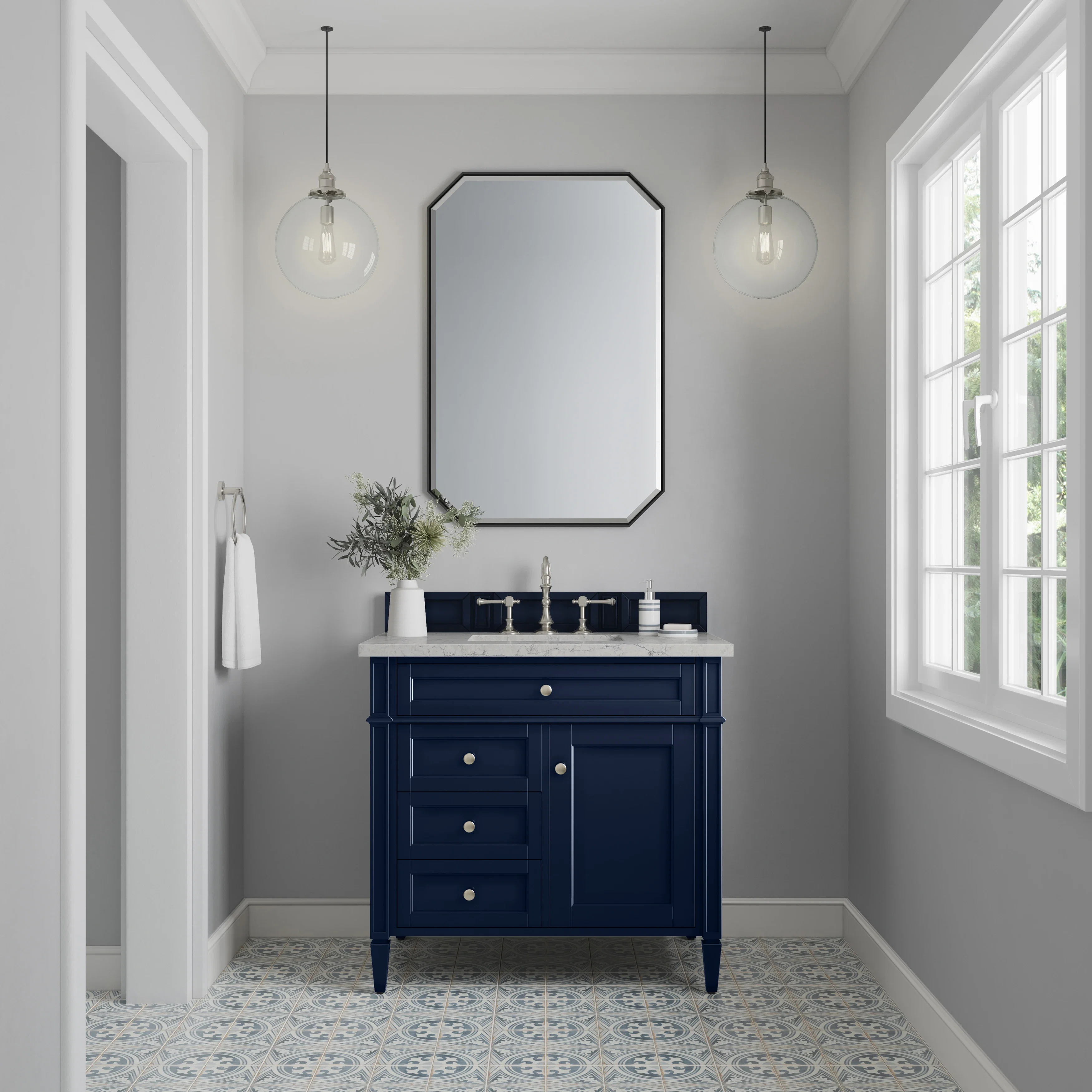 Brittany 36" Single Vanity, Victory Blue w/ 3 CM Eternal Jasmine Pearl Silestone Top