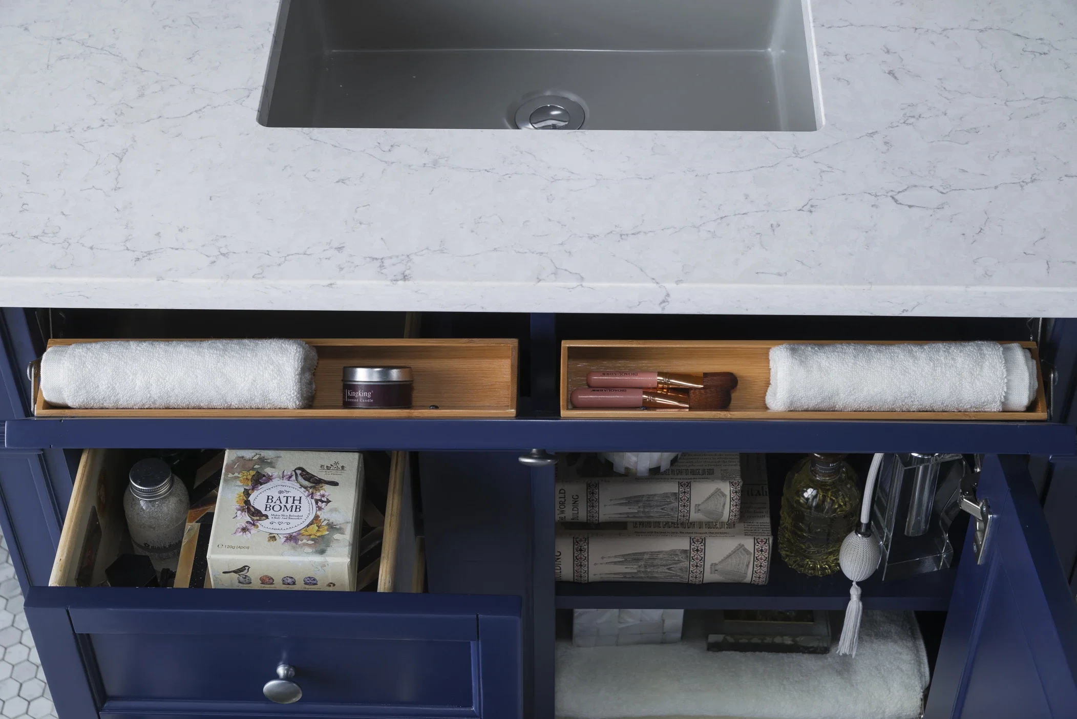 Brittany 36" Single Vanity, Victory Blue w/ 3 CM Eternal Jasmine Pearl Silestone Top