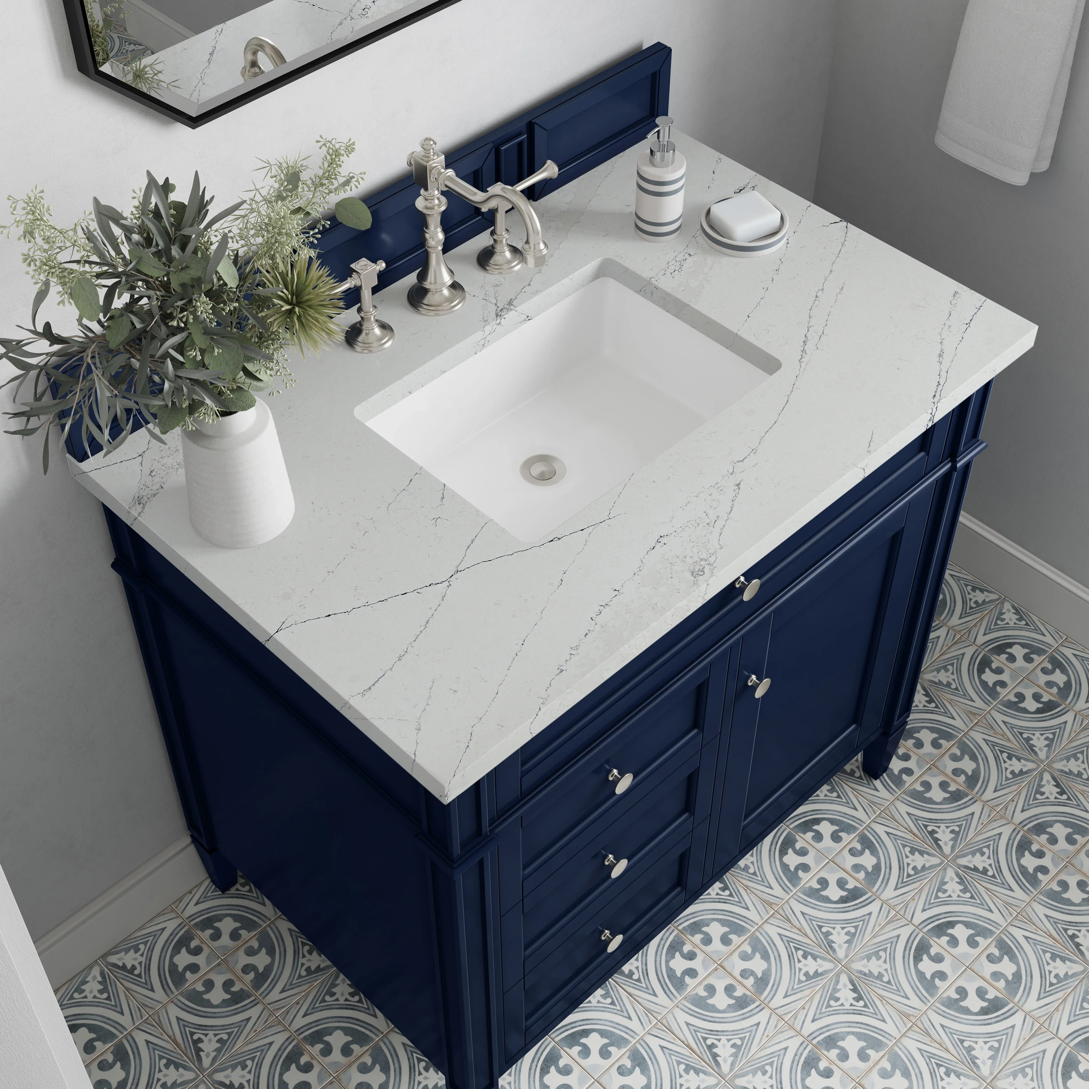 Brittany 36" Single Vanity, Victory Blue w/ 3 CM Ethereal Noctis Silestone Top