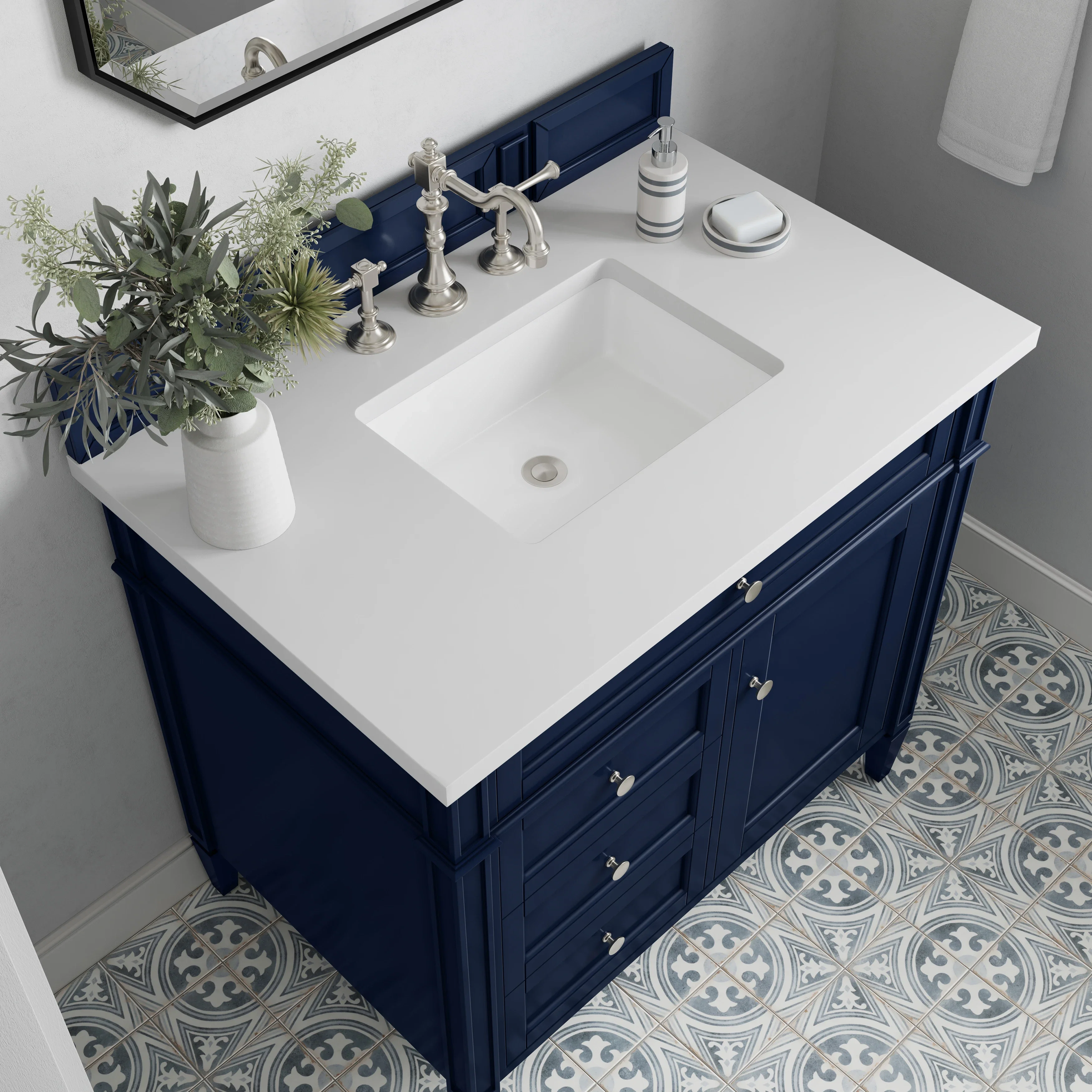 Brittany 36" Single Vanity, Victory Blue w/ 3 CM White Zeus Silestone Top
