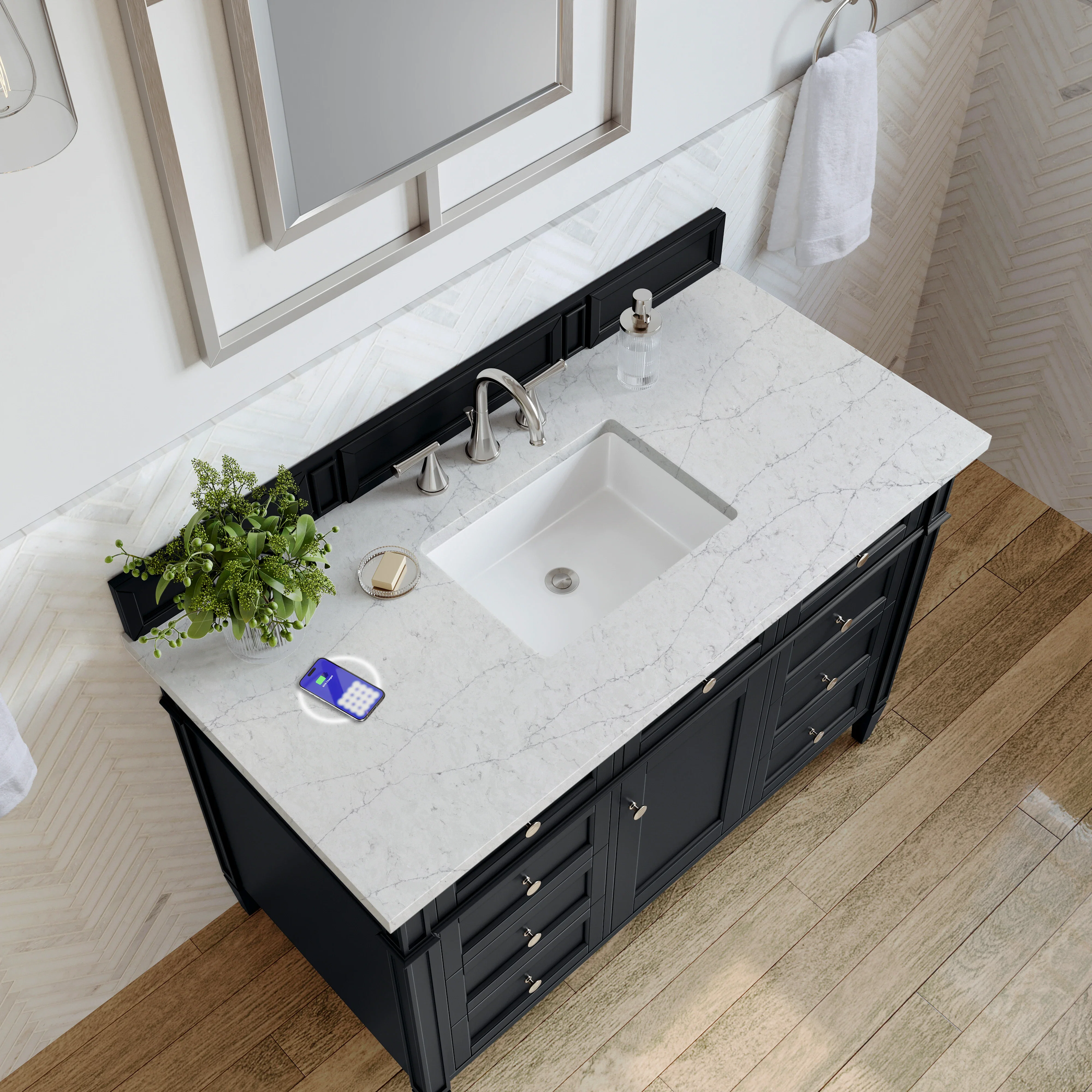 Brittany 48" Single Vanity, Black Onyx w/ 3 CM Eternal Jasmine Pearl Silestone Top w/FreePower Wireless Charger