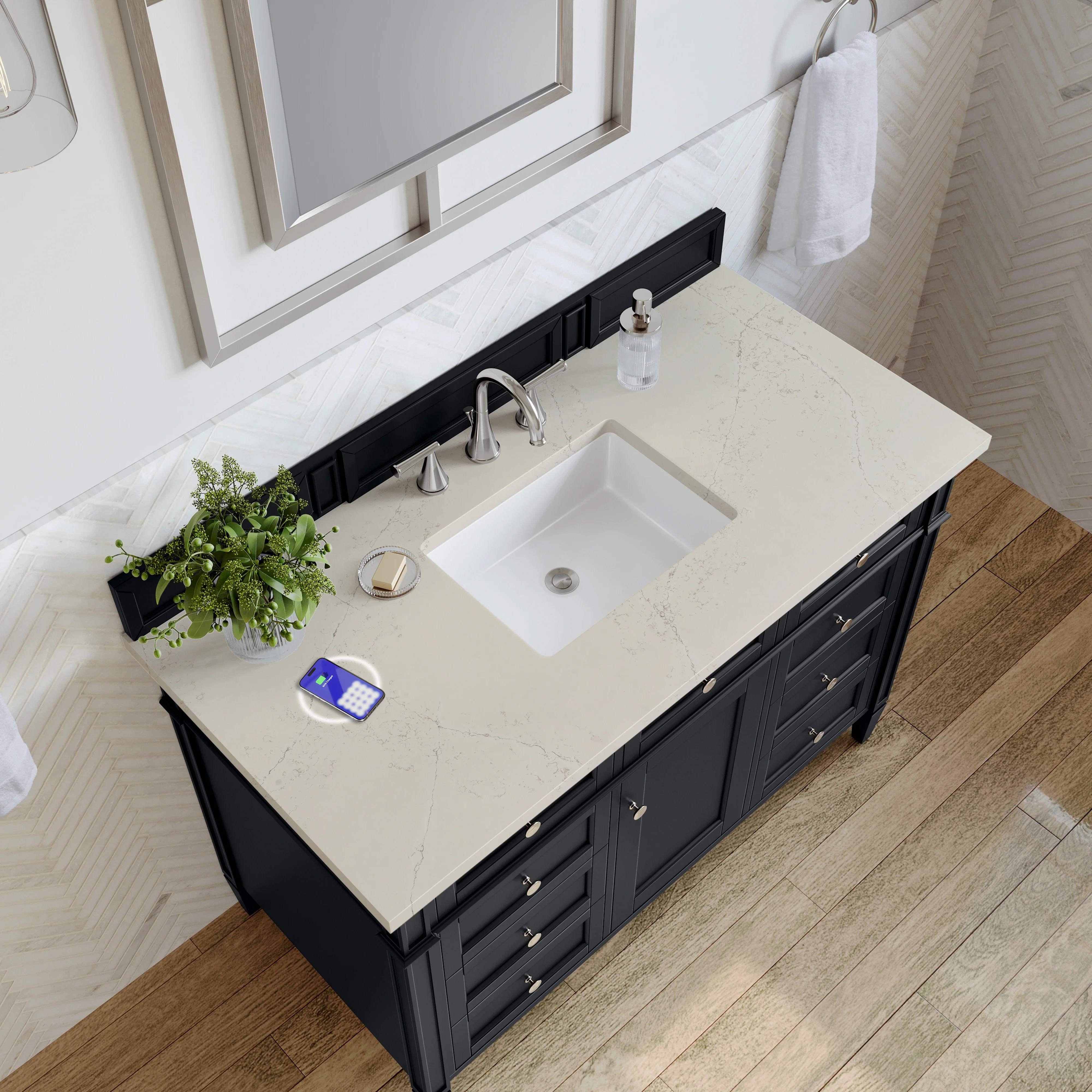 Brittany 48" Single Vanity, Black Onyx, w/ 3 CM Siberian Silestone Top w/FreePower Wireless Charger