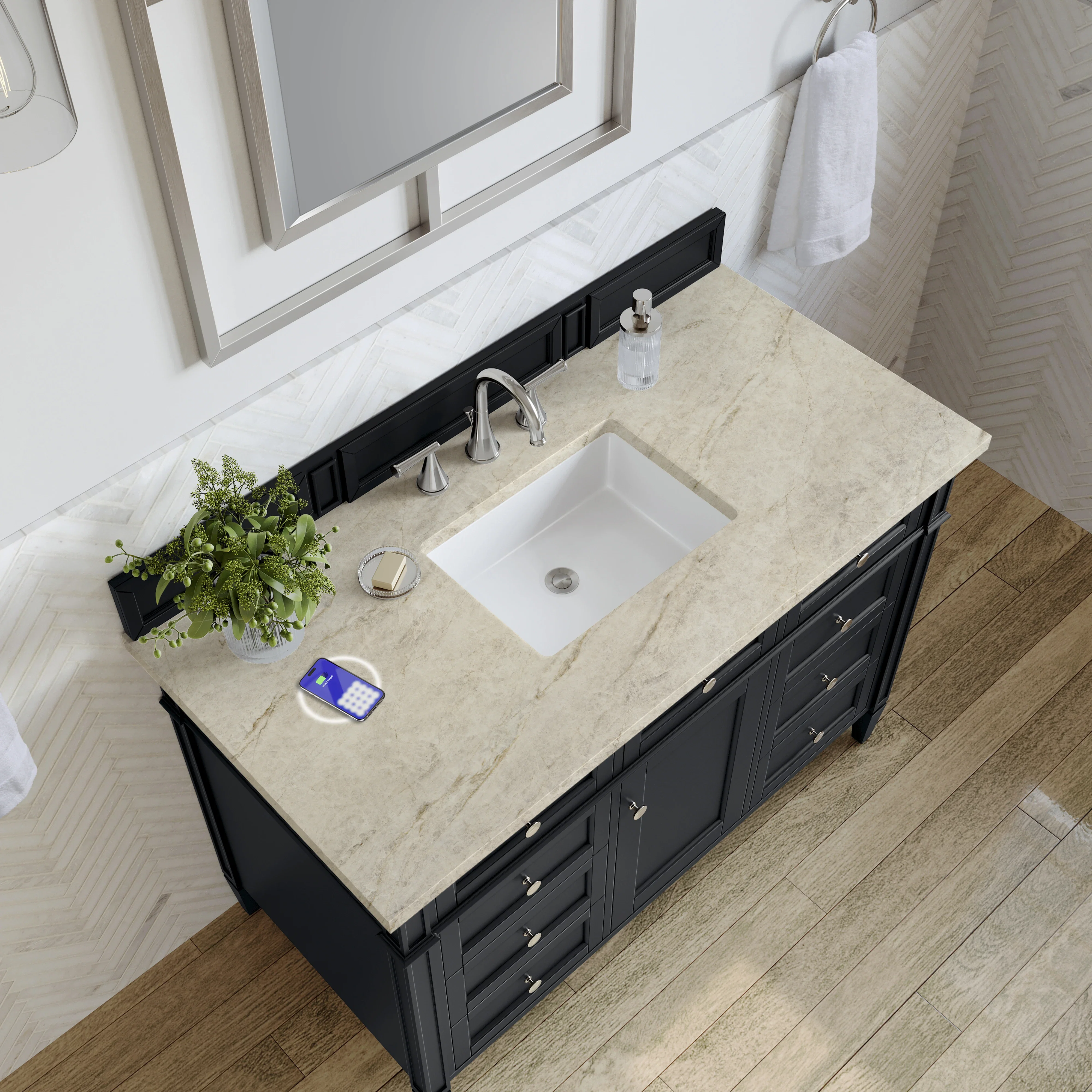 Brittany 48" Single Vanity, Black Onyx, w/ 3 CM Tajnar Eclos Top w/FreePower Wireless Charger