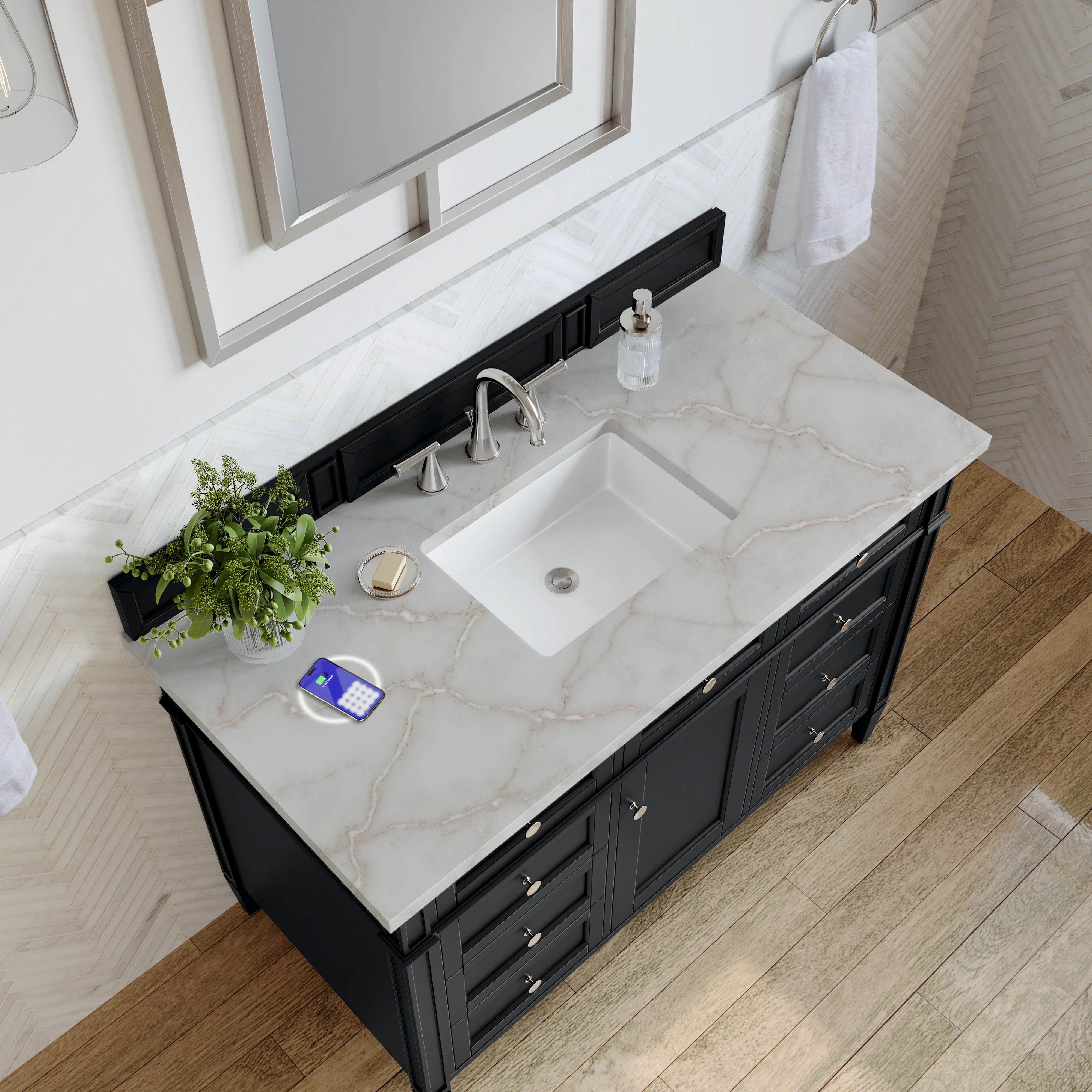 Brittany 48" Single Vanity, Black Onyx w/ 3 CM Victorian Silver Silestone Top w/FreePower Wireless Charger