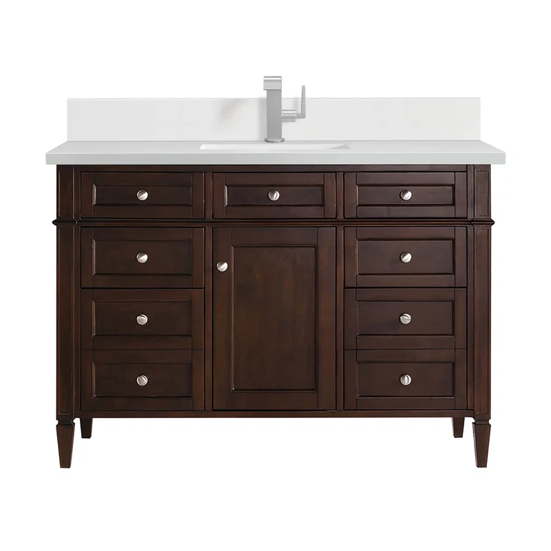 Brittany 48" Single Vanity, Burnished Mahogany w/ Single Hole 3 CM White Zeus Silestone Top & Backsplash