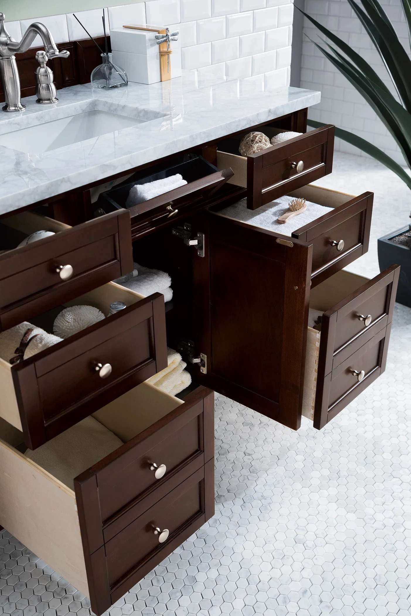 Brittany 48" Single Vanity, Burnished Mahogany w/ 3 CM Carrara Marble Top