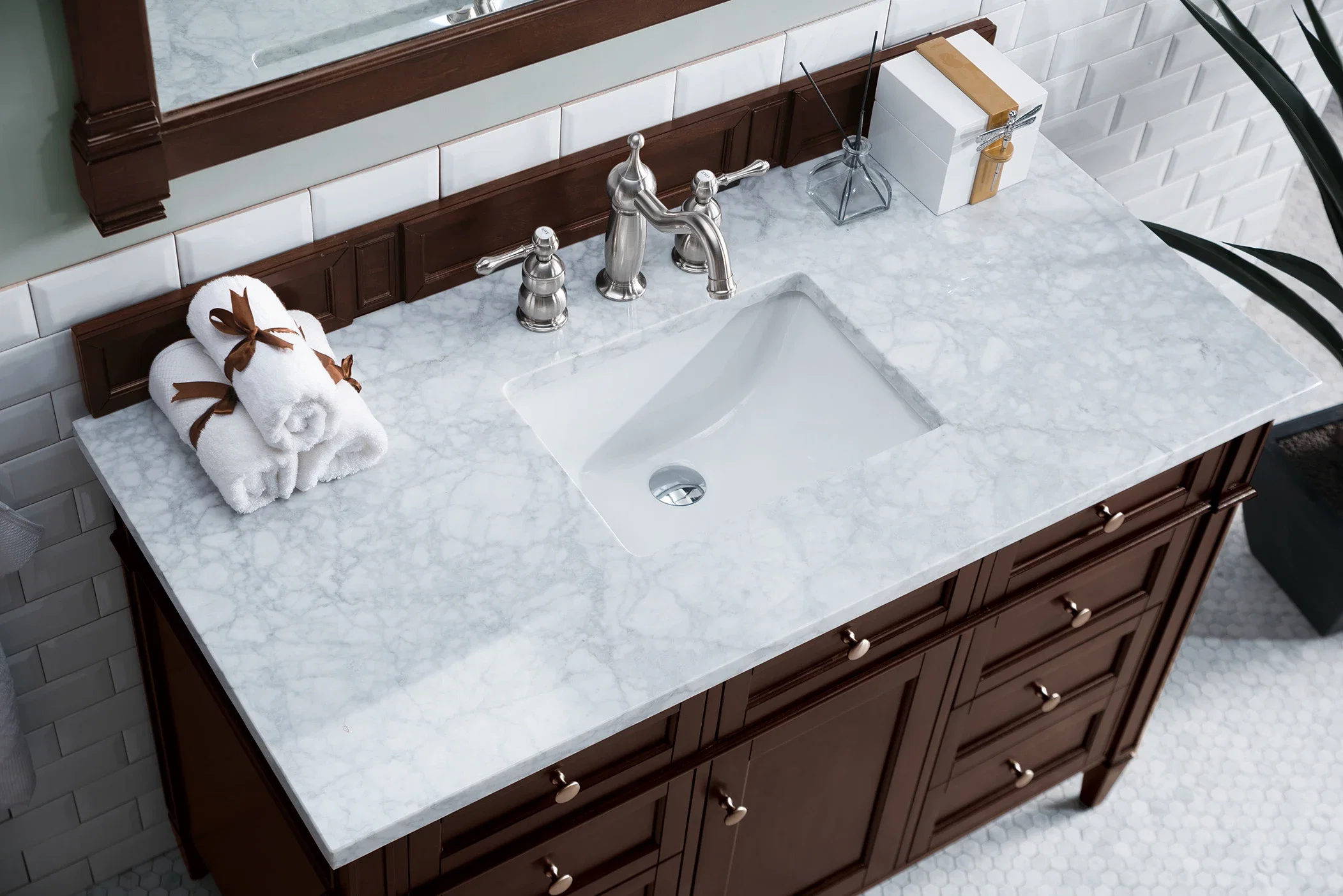 Brittany 48" Single Vanity, Burnished Mahogany w/ 3 CM Carrara Marble Top