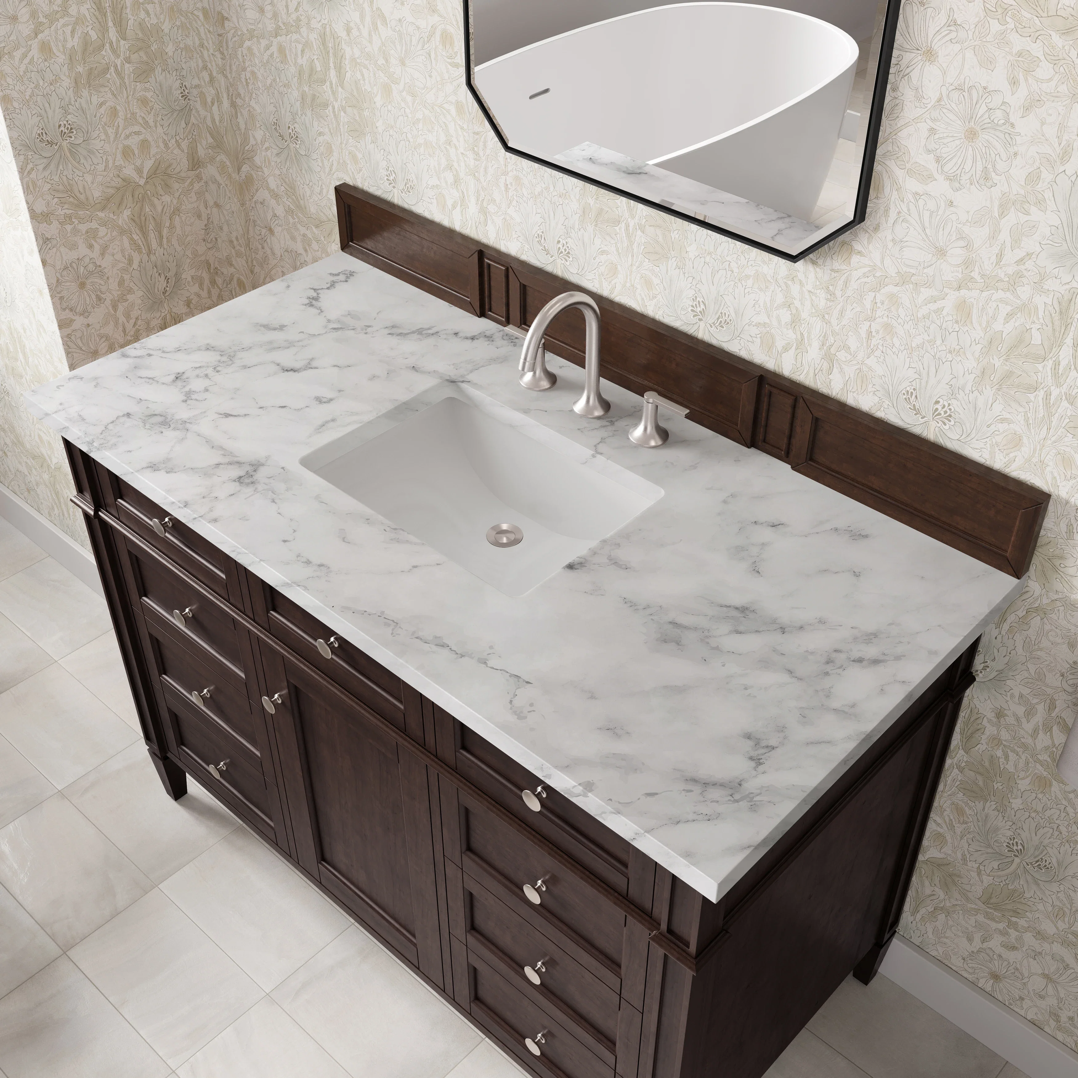 Brittany 48" Single Vanity, Burnished Mahogany w/ 3 CM Carrara Marble Top