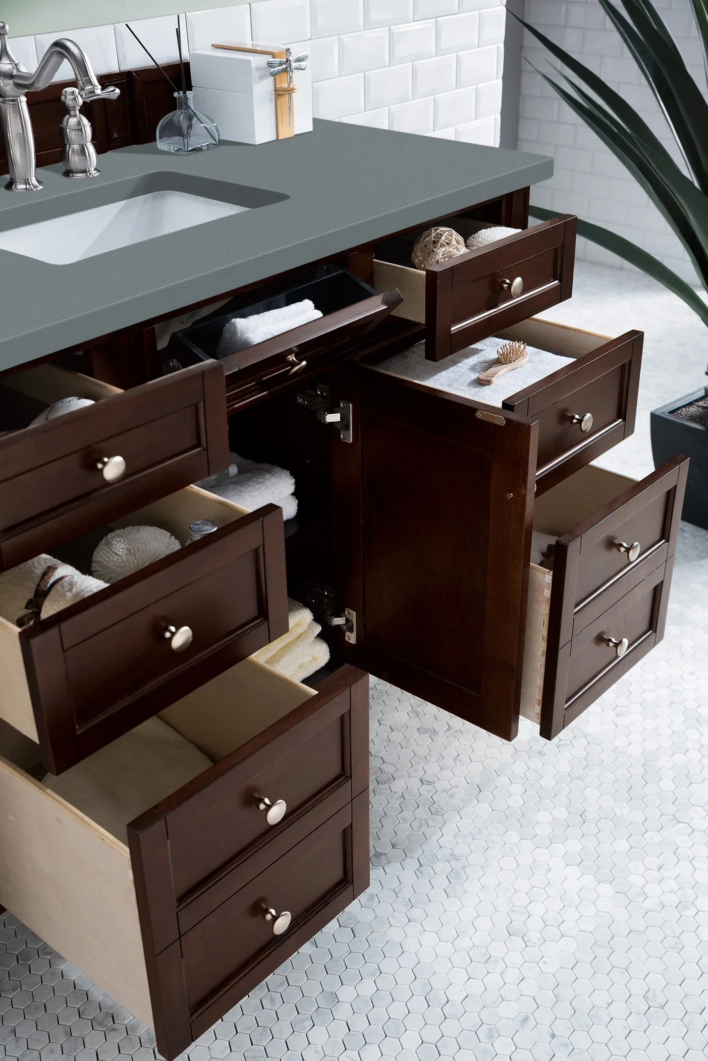 Brittany 48" Single Vanity, Burnished Mahogany w/ 3 CM Cala Blue Silestone Top