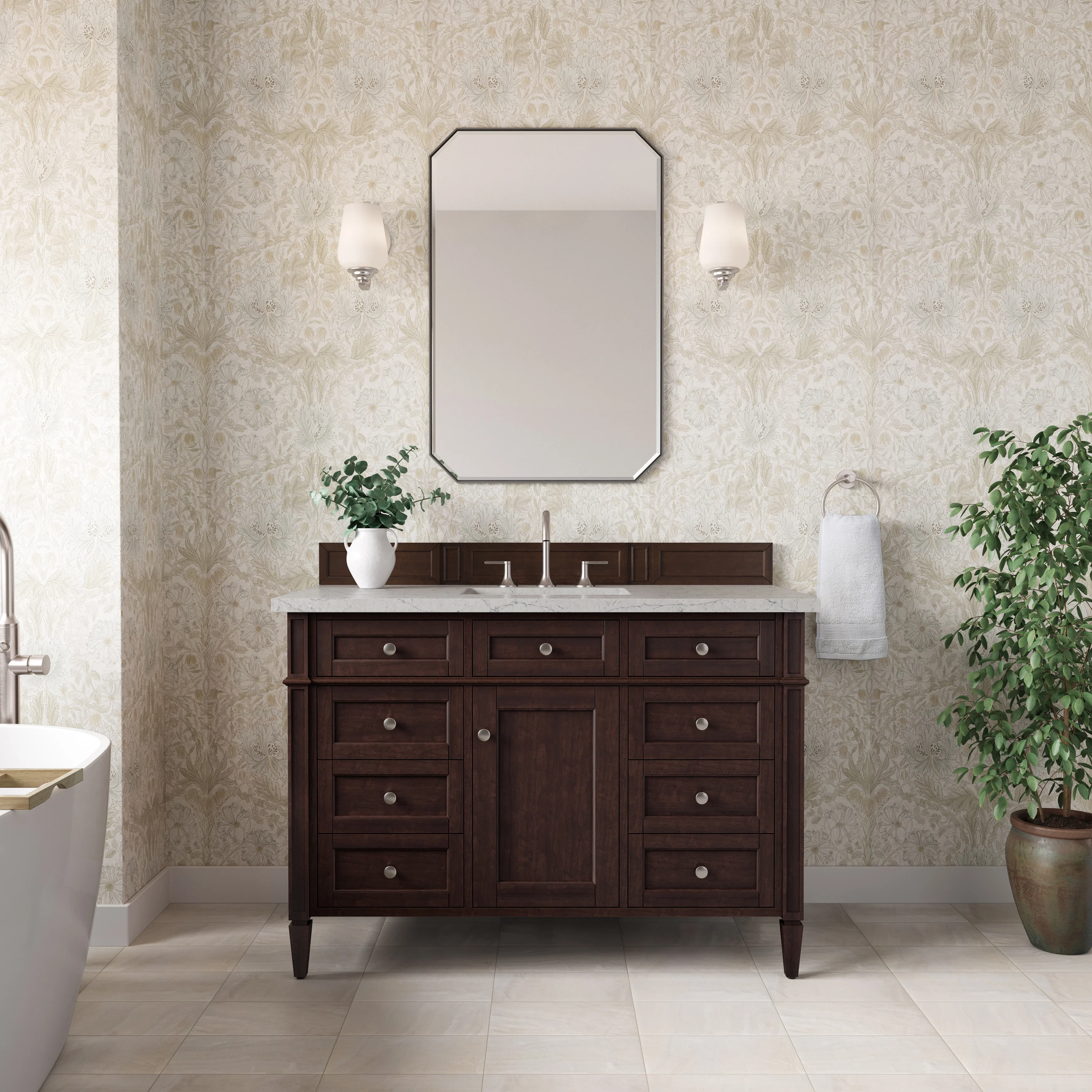 Brittany 48" Single Vanity, Burnished Mahogany w/ 3 CM Eternal Jasmine Pearl Silestone Top