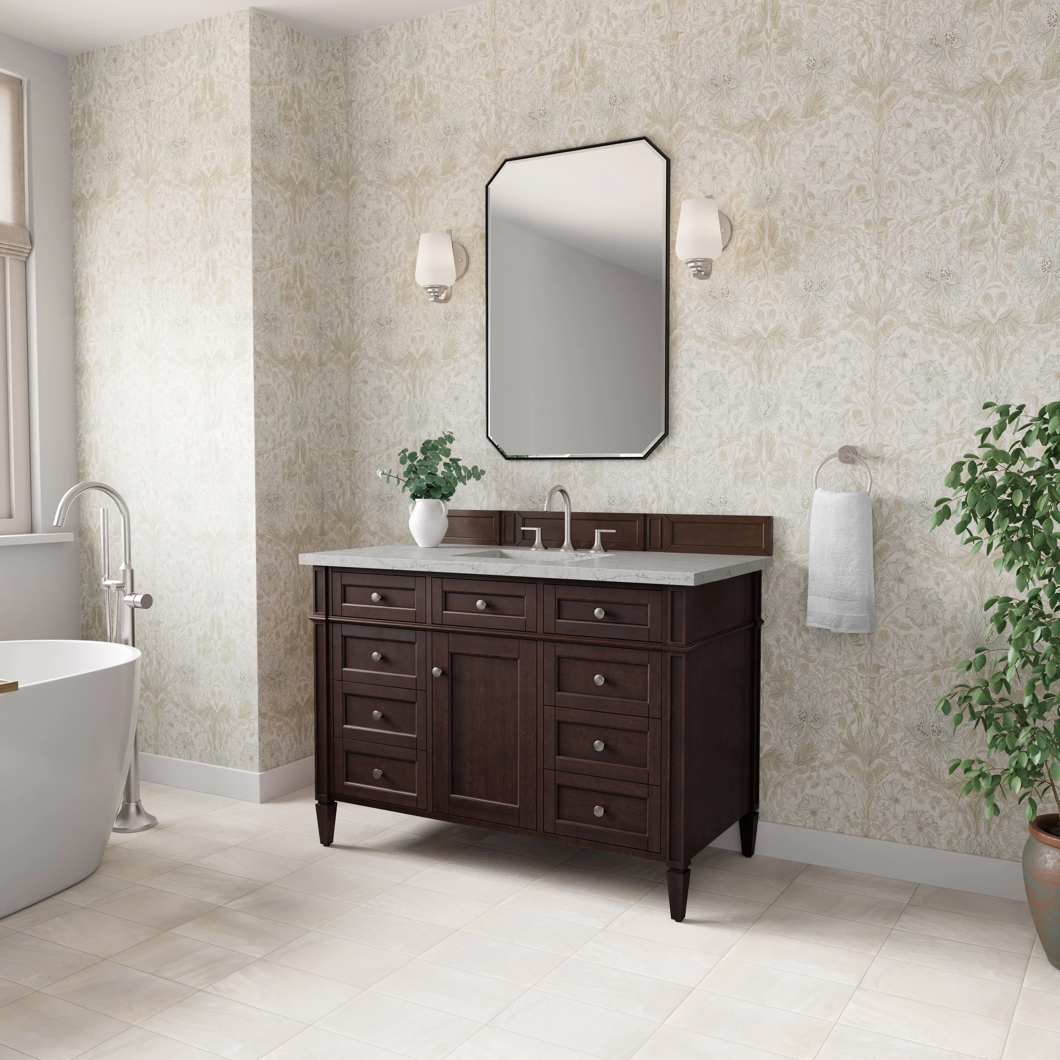 Brittany 48" Single Vanity, Burnished Mahogany w/ 3 CM Eternal Jasmine Pearl Silestone Top