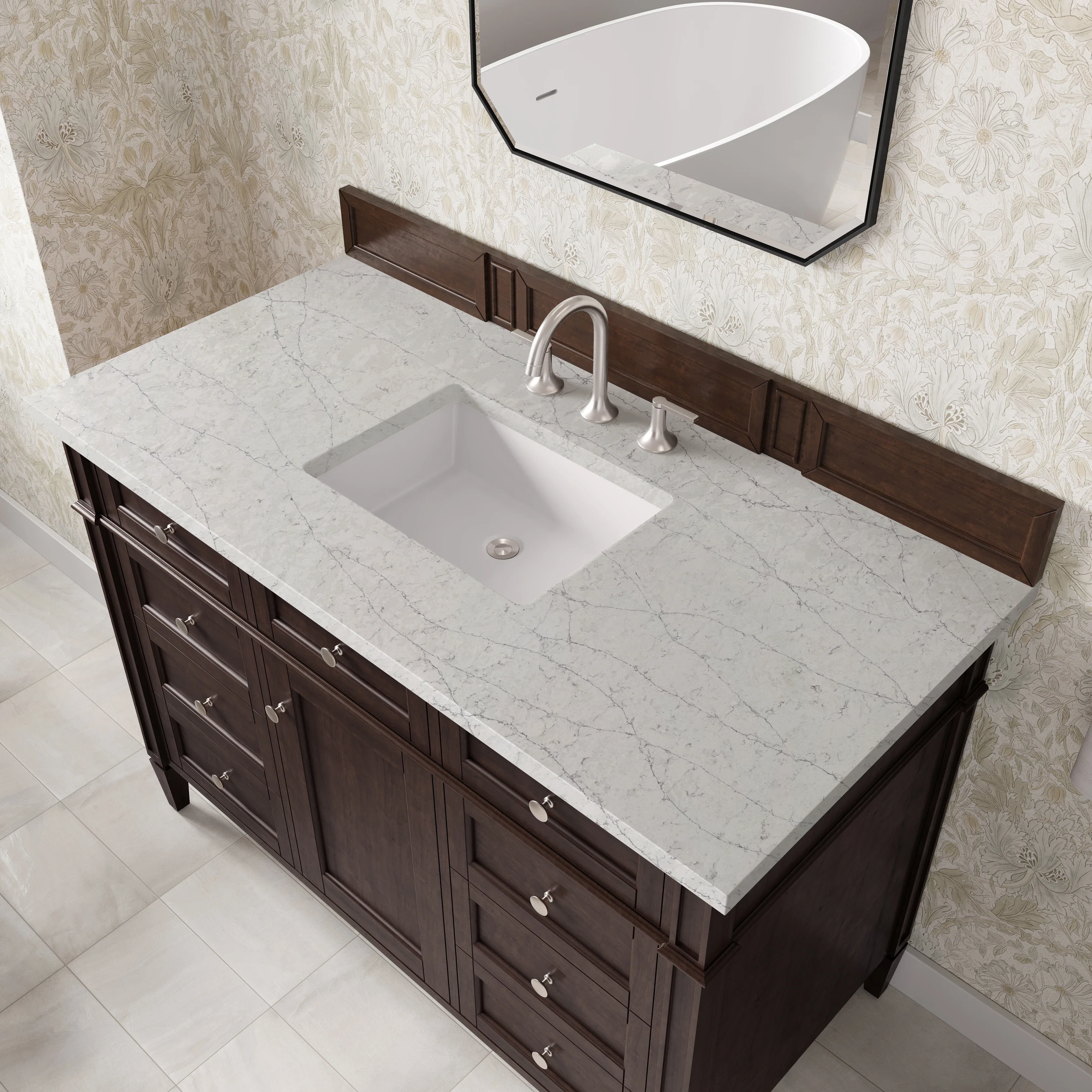 Brittany 48" Single Vanity, Burnished Mahogany w/ 3 CM Eternal Jasmine Pearl Silestone Top