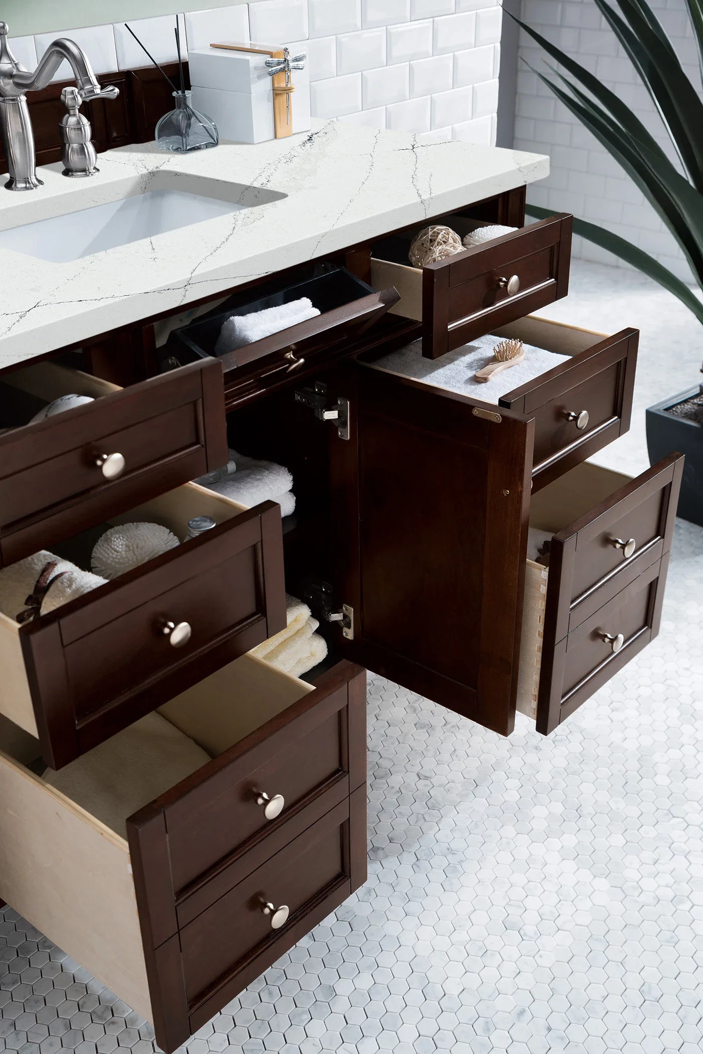 Brittany 48" Single Vanity, Burnished Mahogany w/ 3 CM Ethereal Noctis Silestone Top